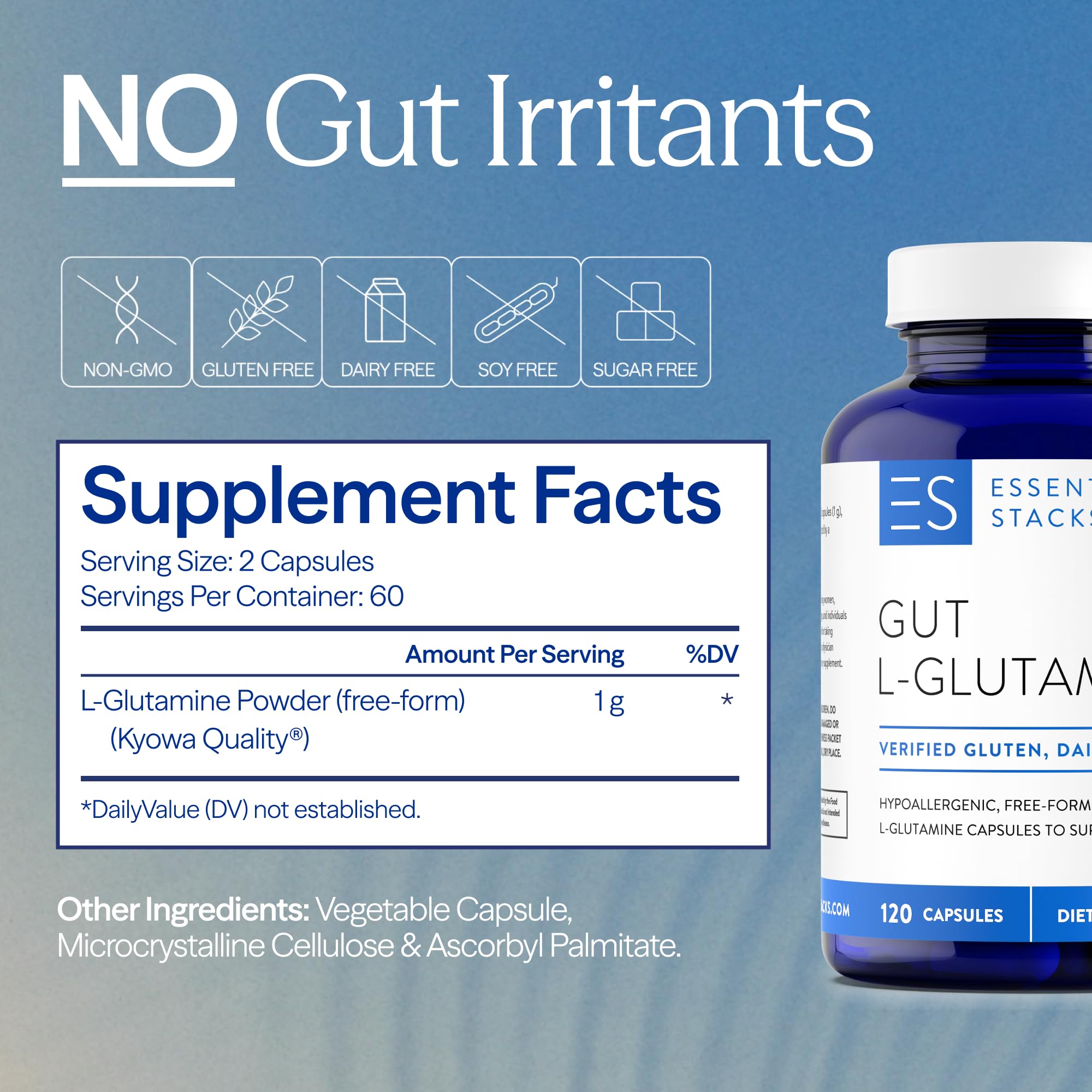 Essential Stacks Gut L-Glutamine Capsules 1000mg (Made in USA) - Gluten, Dairy & Soy Free, Non-GMO L Glutamine for Gut Health - 60 Serves (120 Caps) Essential Stacks buy supplements canada
