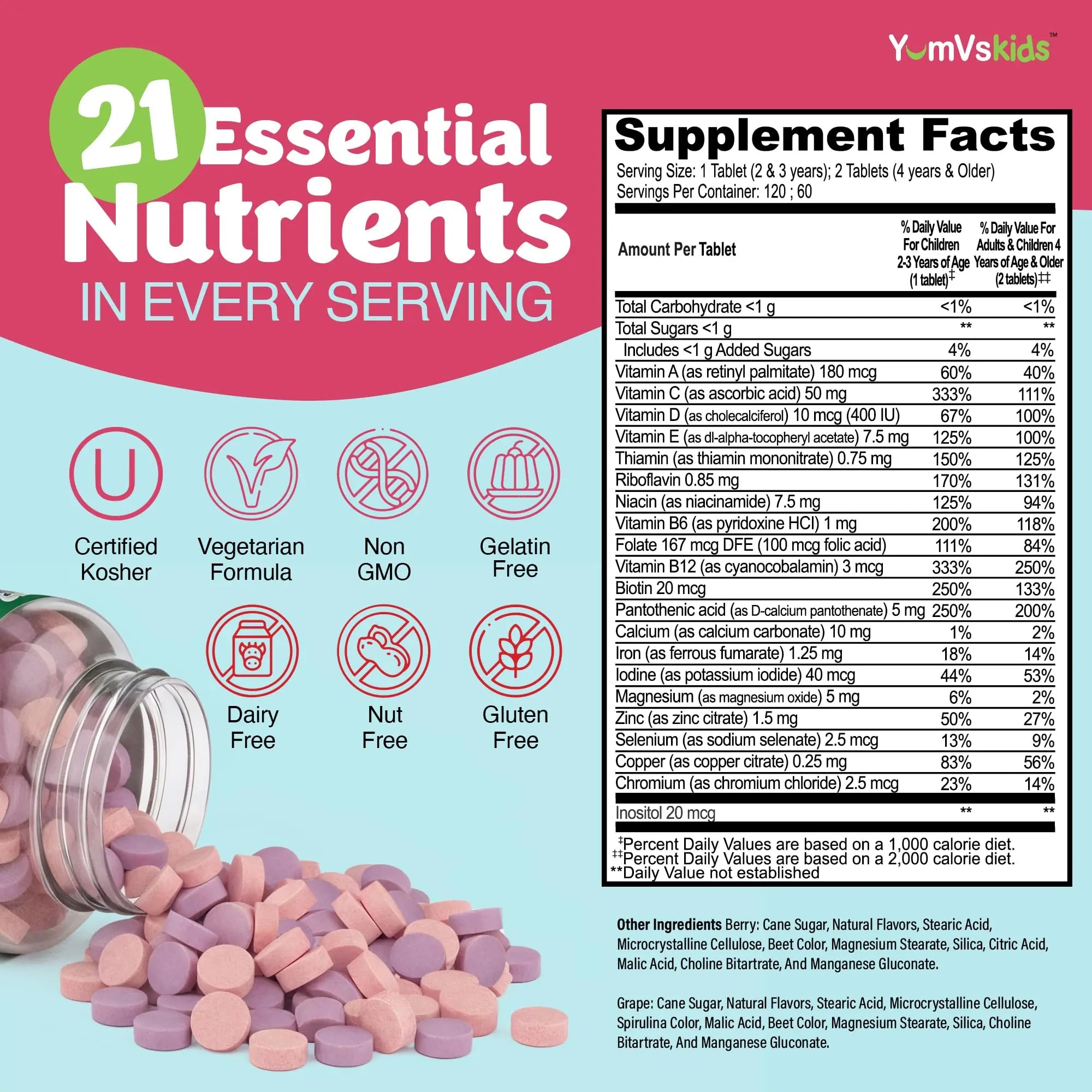 YumVs Kids Multivitamin with Iron & Minerals Chewable Tablets – Grape & Berry Flavor Vitamins for Toddlers & Children Age 2+ – Daily Multivitamin YUM-V'S buy supplements canada