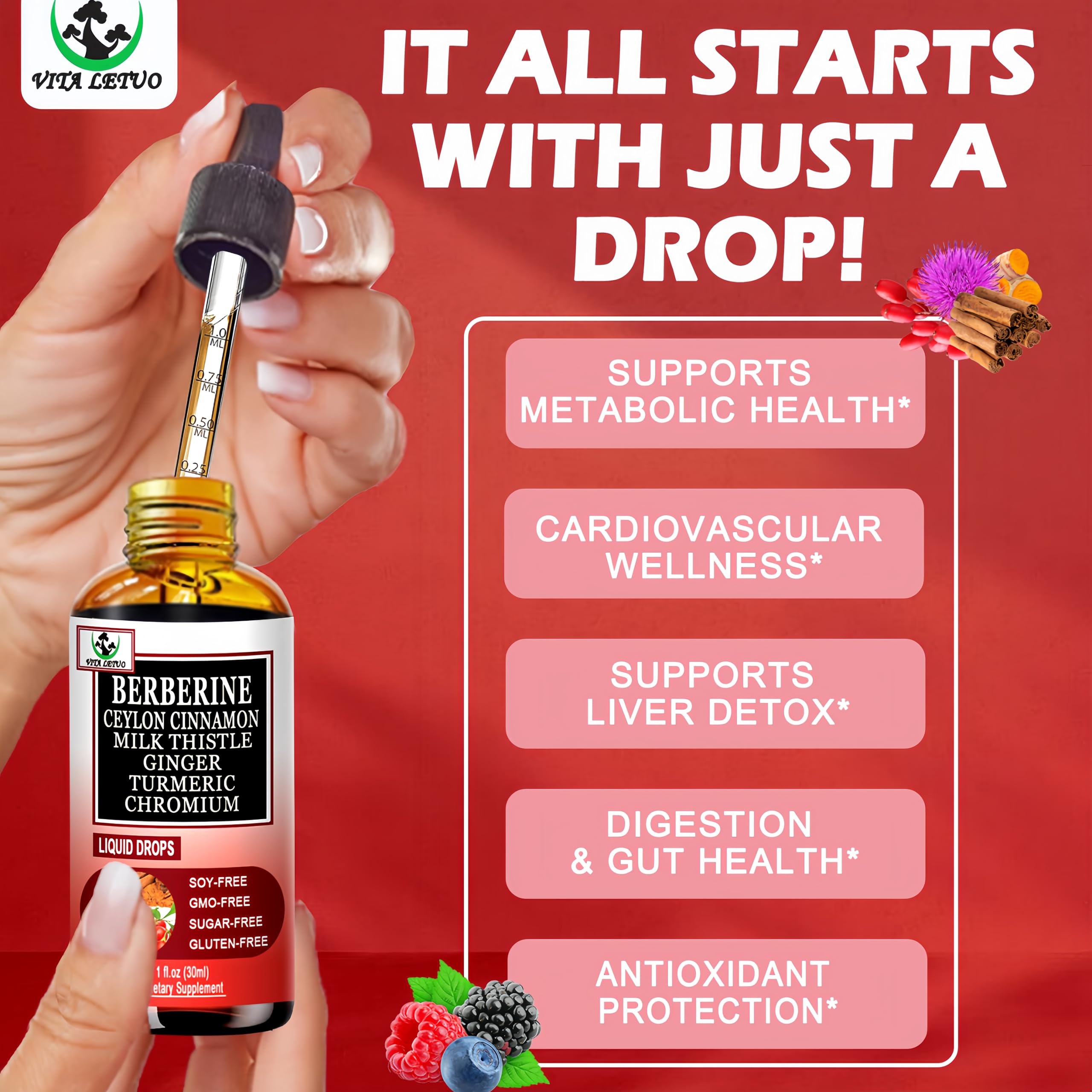 Berberine Drops, High Absorption 6-in-1 Liquid Berberine Supplement with Ceylon Cinnamon Milk Thistle Turmeric, Premium Berberine HCl for Immune Function Metabolic & Digestive Support, 30 Servings Vita letuo buy supplements canada