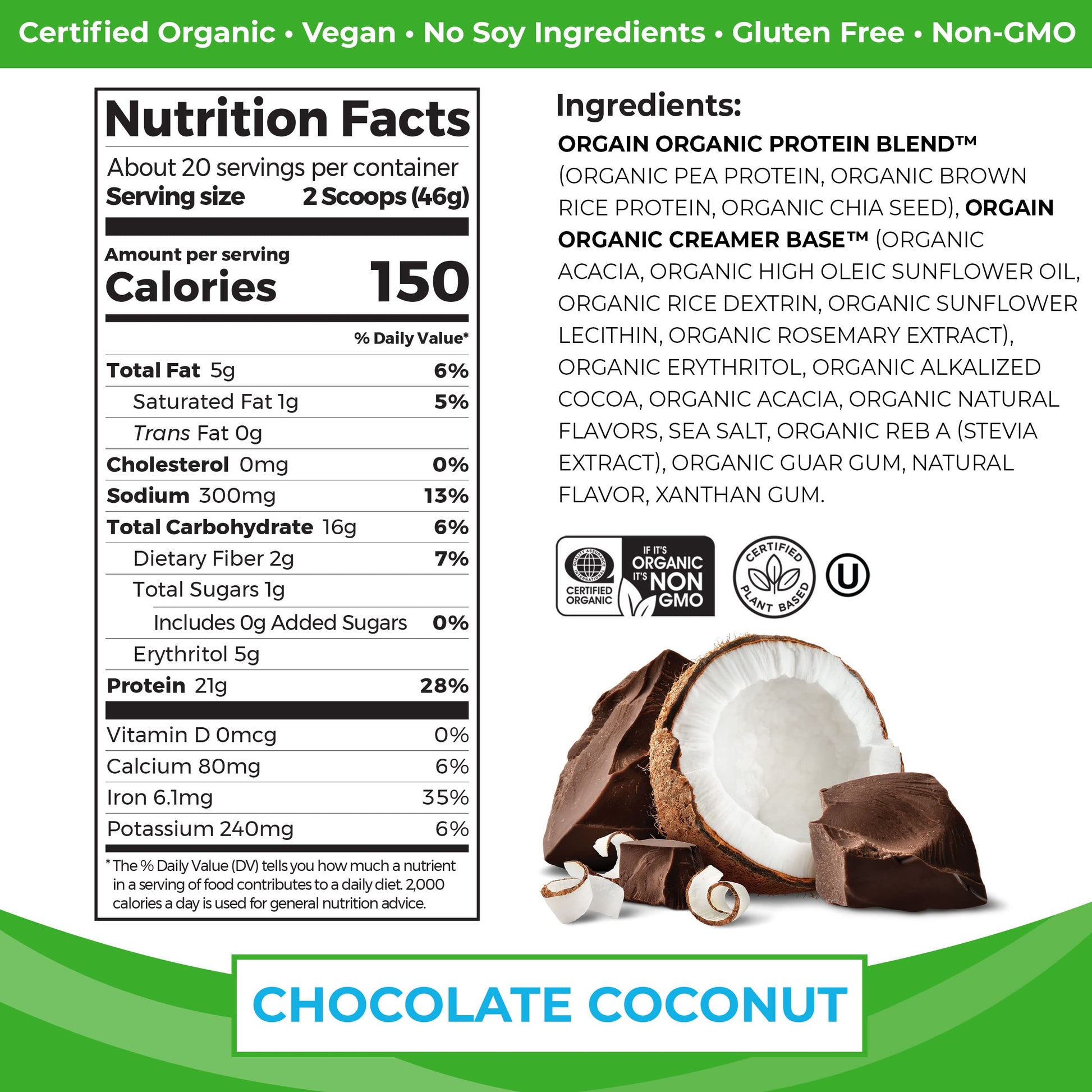 Orgain Organic Vegan Protein Powder, Chocolate Coconut - 21g of Plant Based Protein Orgain buy supplements canada