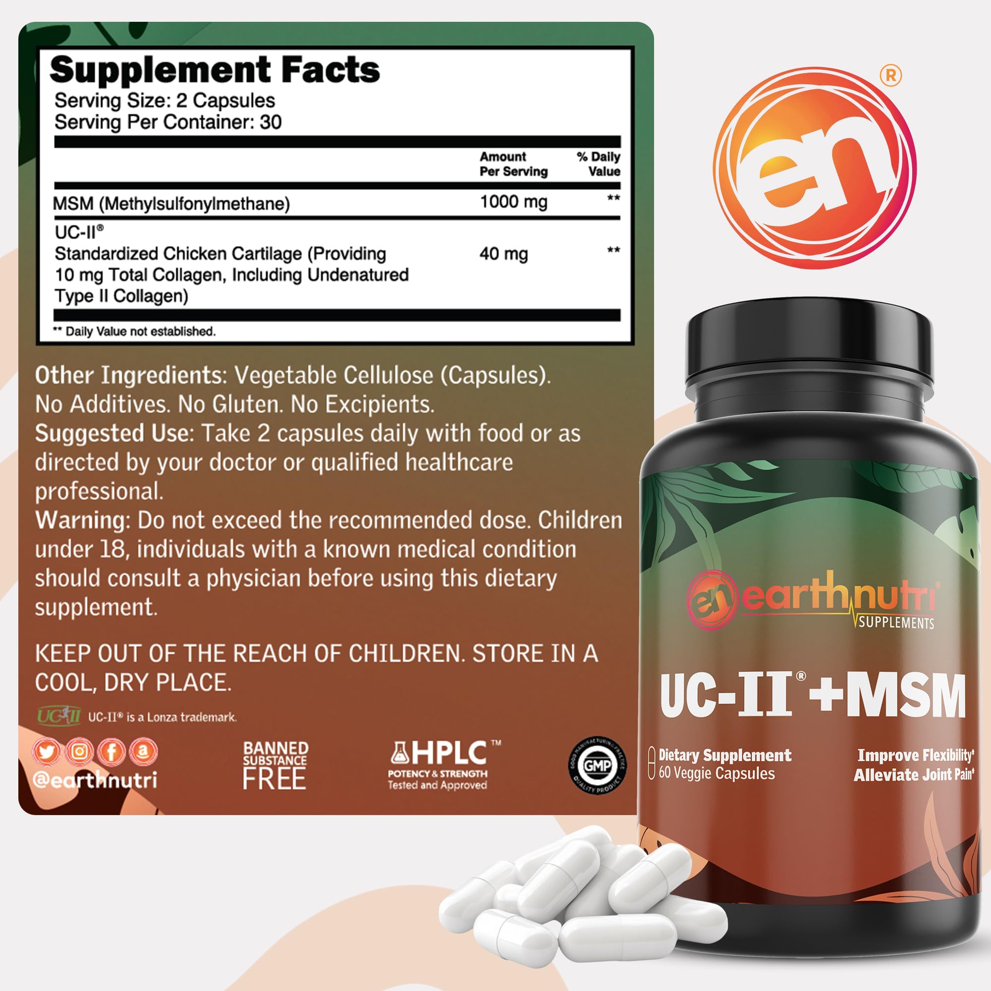 EarthNutri UC-II Collagen & MSM Supplement for Bone Health and Joint Flexibility Joint Supplement - 40mg UC-II Providing 10mg Total Collagen & 1000mg MSM - 60 Capsules (2 Caps Daily) EarthNutri buy supplements canada