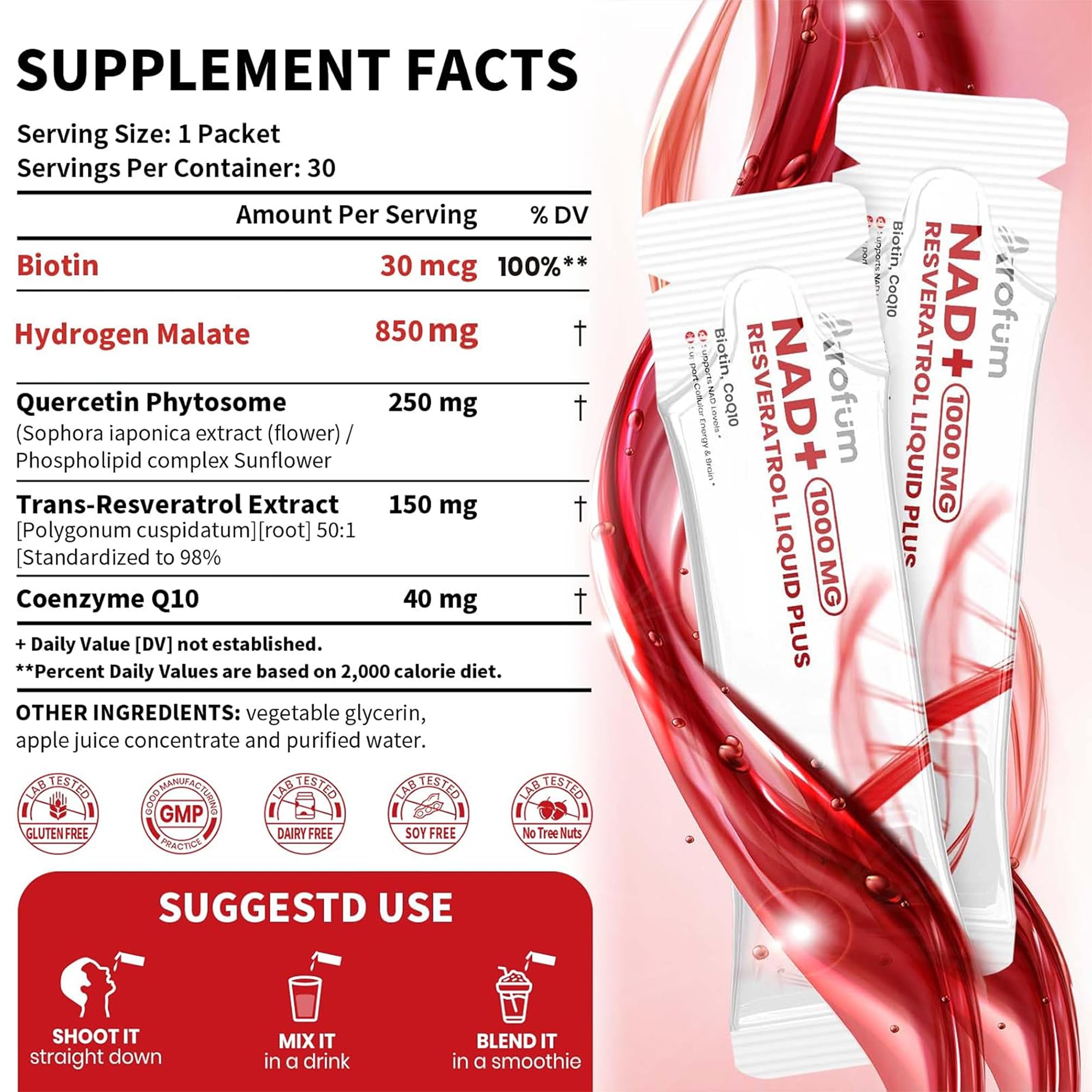 Arofum NAD+ Liquid Supplement 1000mg | 850mg Nicotinamide Riboside with Resveratrol, Quercetin, CoQ10 & Biotin | Cellular Energy, DNA Repair, Healthy Aging | NAD Supplements for Women & Men 30 Packets Arofum buy supplements canada