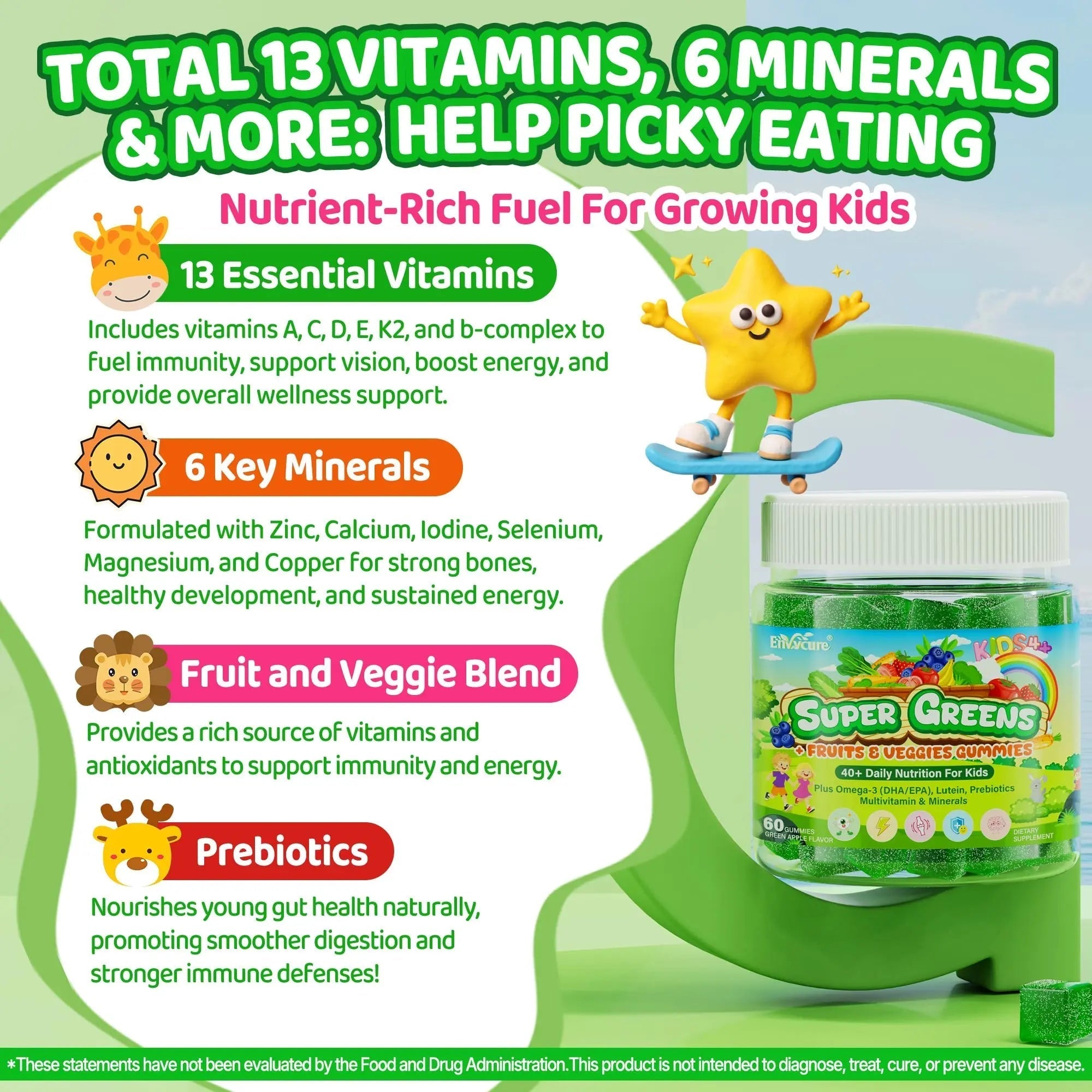 Kids Super Greens Gummies, w/Multivitamins, Spirulina, Chlorella, Spinach, Broccoli, Calcium, Omega-3 (DHA/EPA) EnvyCure buy supplements canada