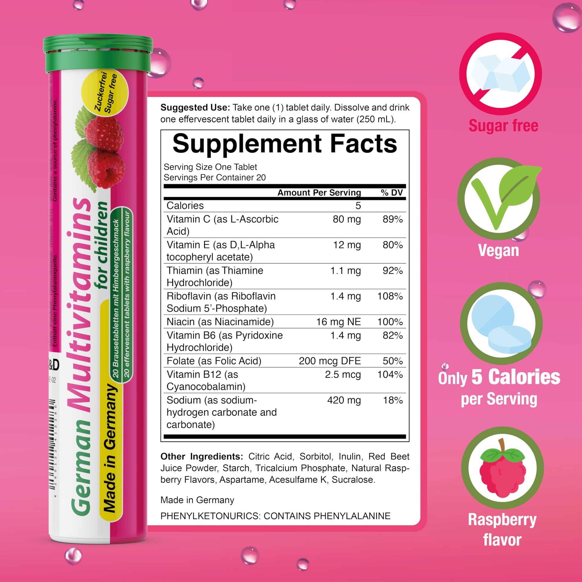 T&D German Multivitamin for Children 60 Drink Effervescent Tablets - Sweet Raspberry Flavour, Sugar Free, Vegan - Vitamin C, E, B1, B2, B6, B12 T&D buy supplements canada