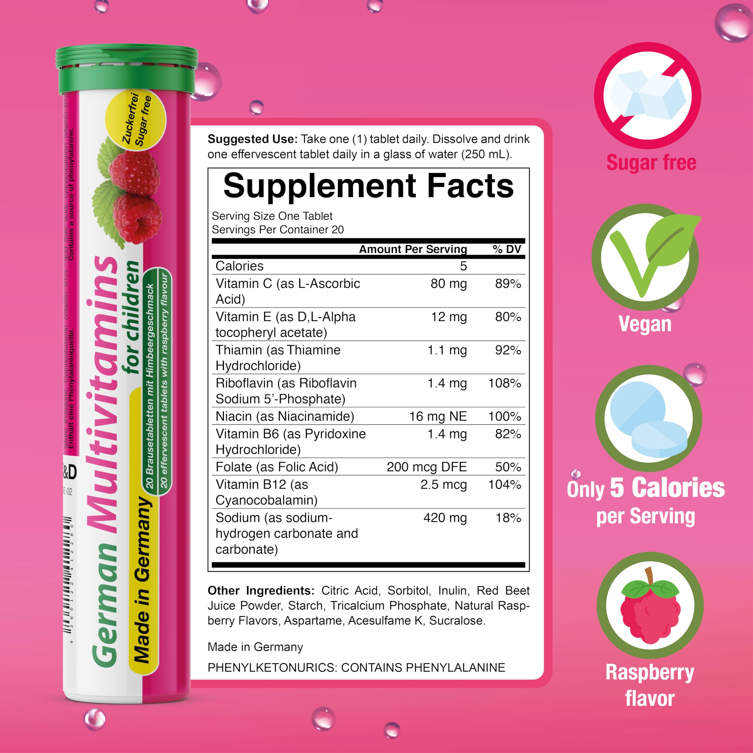 T&D German Multivitamin for Children 60 Drink Effervescent Tablets - Sweet Raspberry Flavour, Sugar Free, Vegan - Vitamin C, E, B1, B2, B6, B12 T&D buy supplements canada