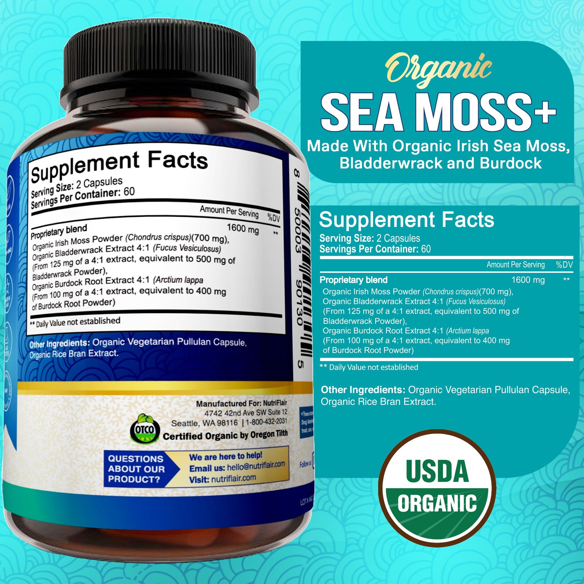 NutriFlair Organic Sea Moss 1600mg, 120 Capsules Plus Bladderwrack & Burdock - Prebiotic Super Food - Immune System & Digestive Health - Thyroid, Healthy Skin, Keto Detox, Gut NutriFlair buy supplements canada