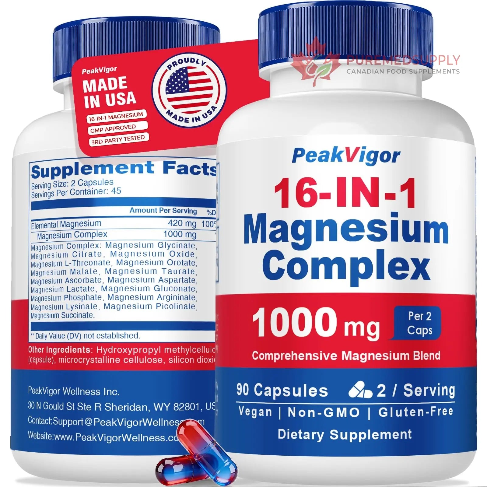 16 in 1 Magnesium Complex, 1000mg Magnesium Complex Supplement for Women with Magnesium Glycinate, Citrate, Orotate, L-Threonate, Malate, Third-Party Tested, Easy-Swallow Vegan Capsules PeakVigor buy supplements canada