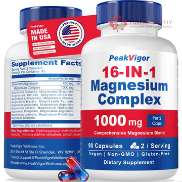 16 in 1 Magnesium Complex, 1000mg Magnesium Complex Supplement for Women with Magnesium Glycinate, Citrate, Orotate, L-Threonate, Malate, Third-Party Tested, Easy-Swallow Vegan Capsules PeakVigor buy supplements canada