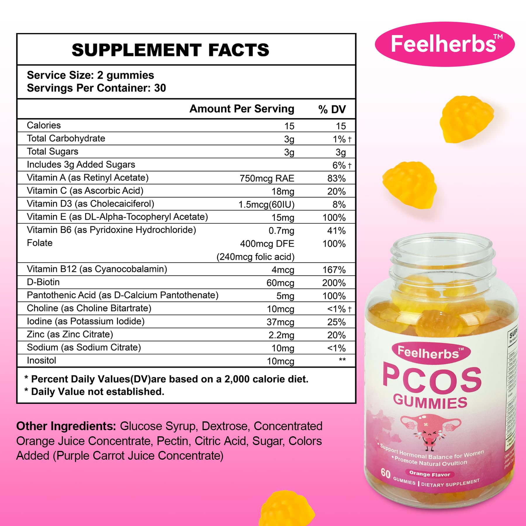 PCOS Gummies for Women Menstrual Cycle & Hormonal Balance, 60 Count Ovarian Support Gummies with Myo-Inositol, Folate and Vitamins, Orange Flavor PCOS Vitamins Gummies Helps Fertility and Ovulation Feelherbs buy supplements canada