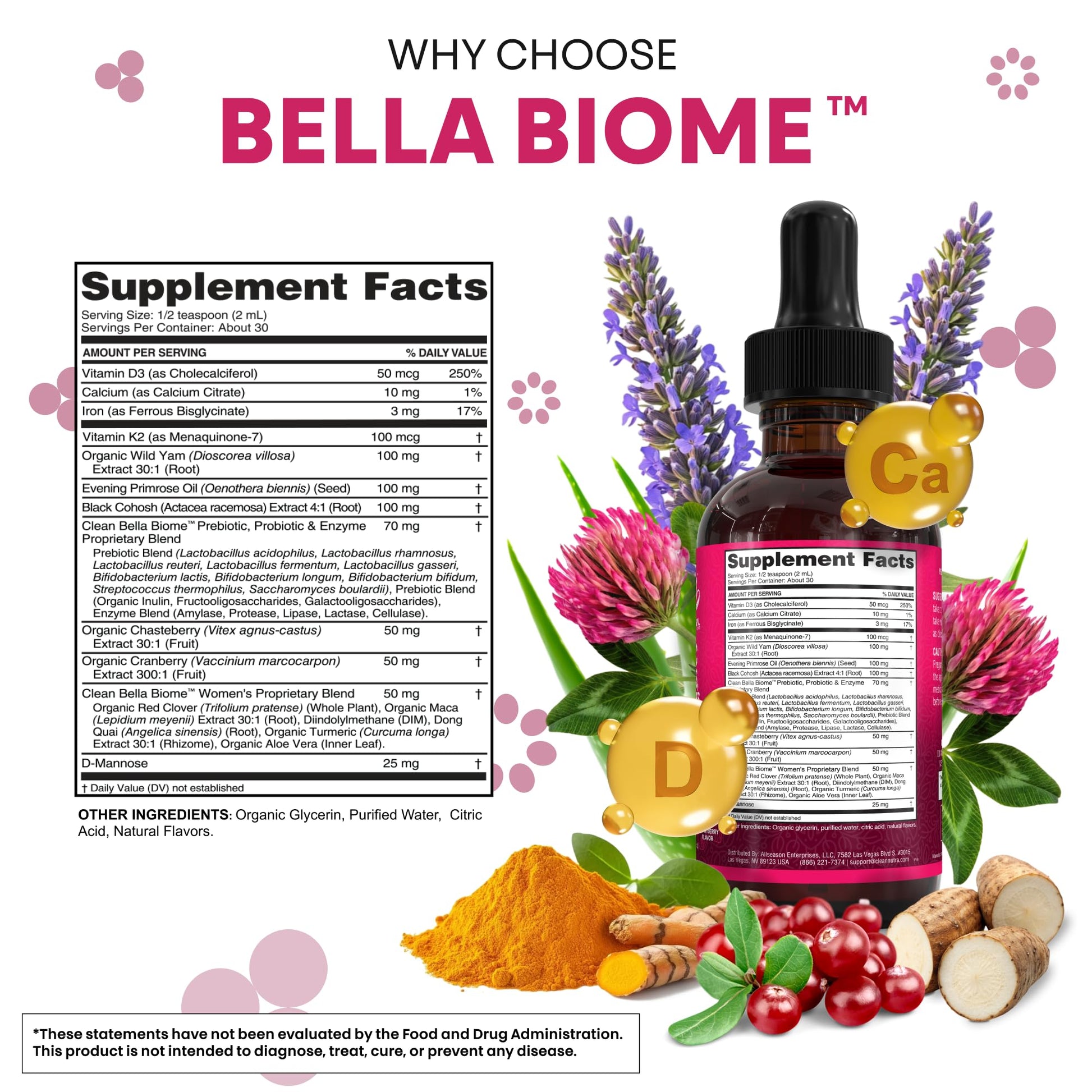 Liquid Probiotics for Women Drops with Chasteberry, Black Cohosh, Prebiotics, Digestive Enzymes, Evening Primrose Oil, Wild Yam, Cranberry Dmannose and Iron Vitamin D3 K2 Clean Nutra Bella Biotics Clean Nutraceuticals buy supplements canada