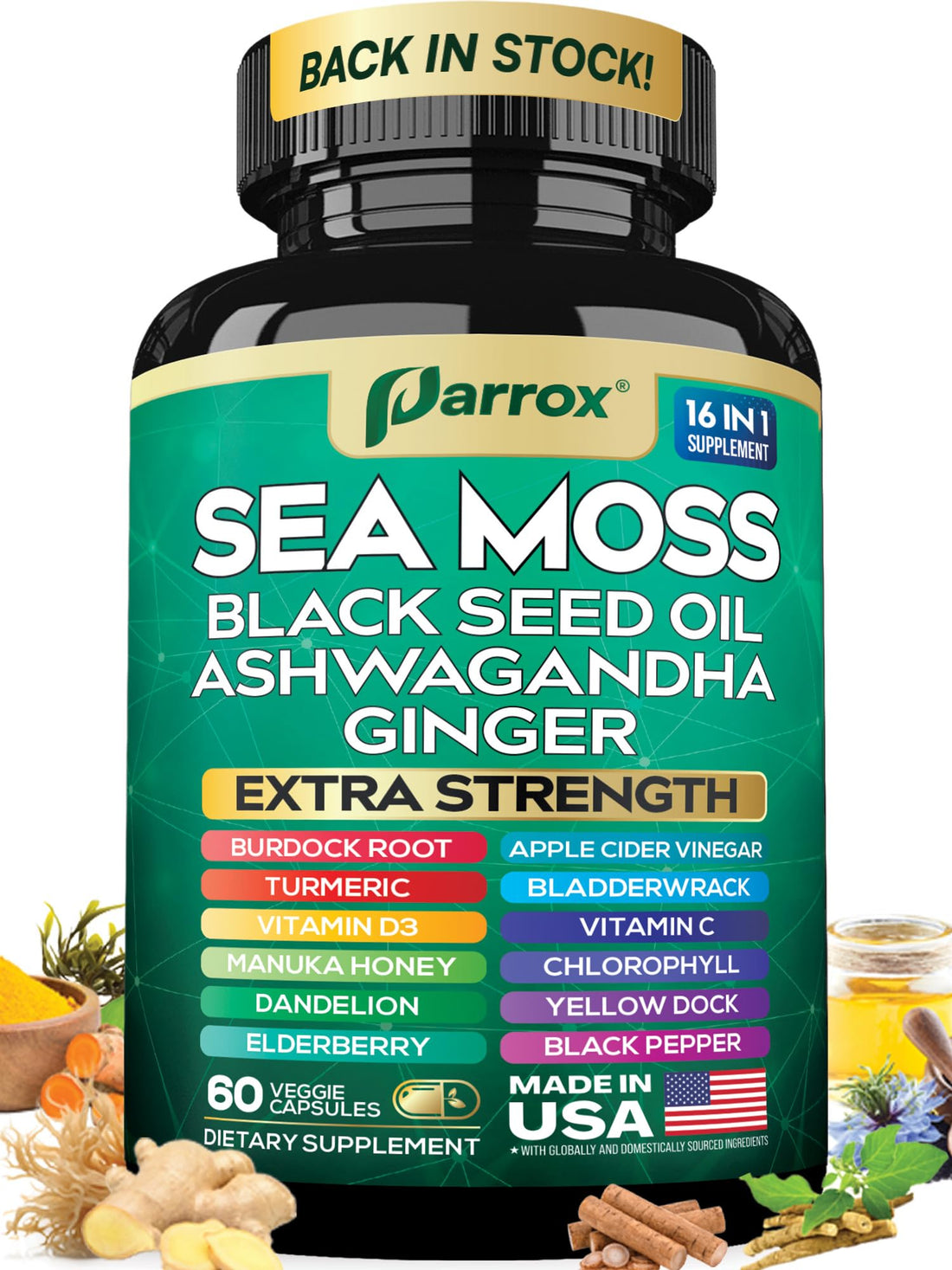 Parrox Sea Moss, Black Seed Oil, Ashwagandha, Turmeric, Chlorophyll, Dandelion, Ginger, Vitamin D3, Black Pepper, Elderberry, ACV, Yellow Dock, Burdock Root, Manuka, Vitamin C, Bladderwrack (60 Caps) Parrox buy supplements canada