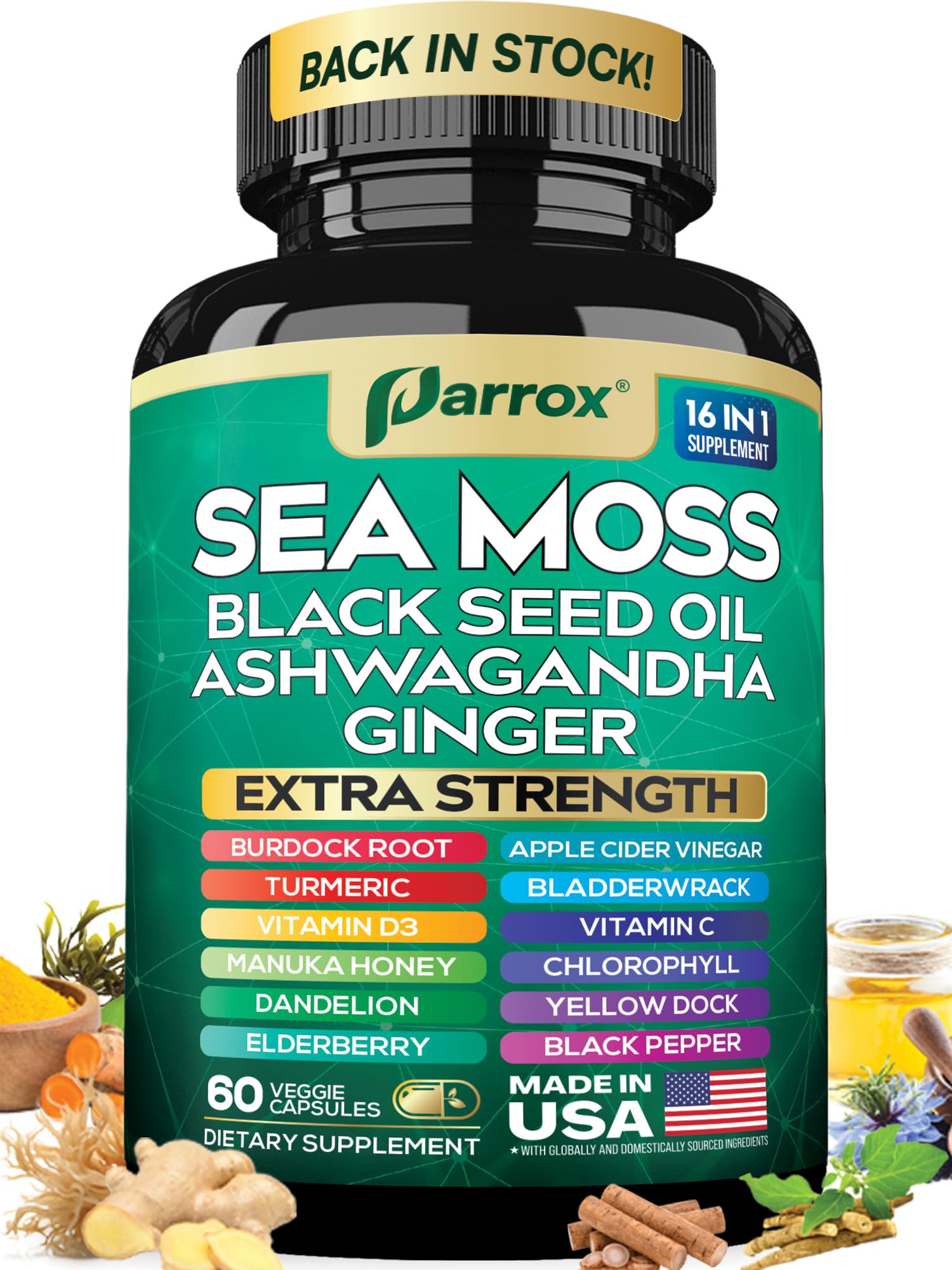 Parrox Sea Moss, Black Seed Oil, Ashwagandha, Turmeric, Chlorophyll, Dandelion, Ginger, Vitamin D3, Black Pepper, Elderberry, ACV, Yellow Dock, Burdock Root, Manuka, Vitamin C, Bladderwrack (60 Caps) Parrox buy supplements canada