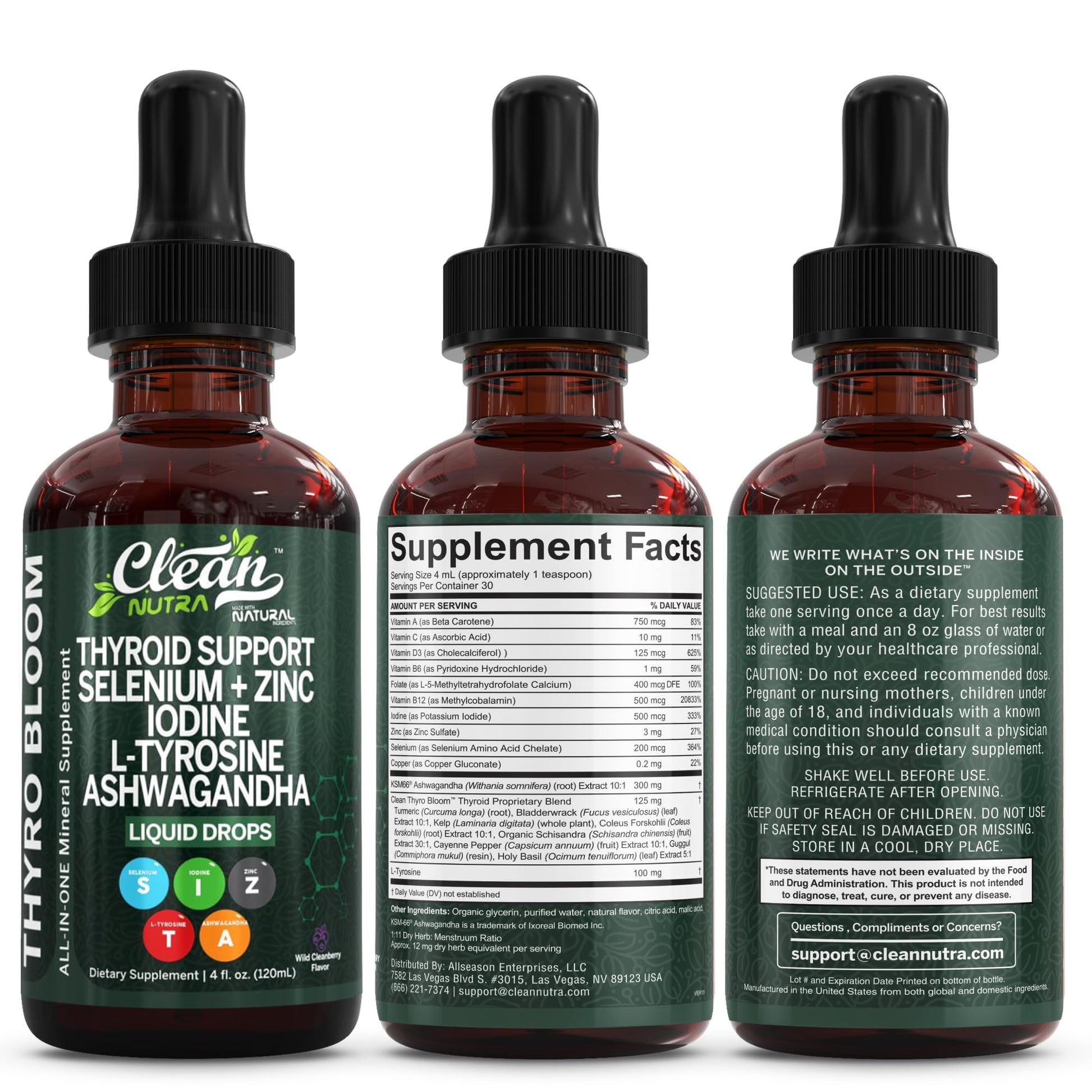 Clean Nutra Thyroid Support Drops Selenium Zinc Iodine L Tyrosine KSM66 Ashwagandha Vitamin D3 B12 A C Turmeric Kelp Schisandra Guggul Cayenne Basil Liquid Supplement Folate Copper Thyro Bloom Drop Clean Nutraceuticals buy supplements canada
