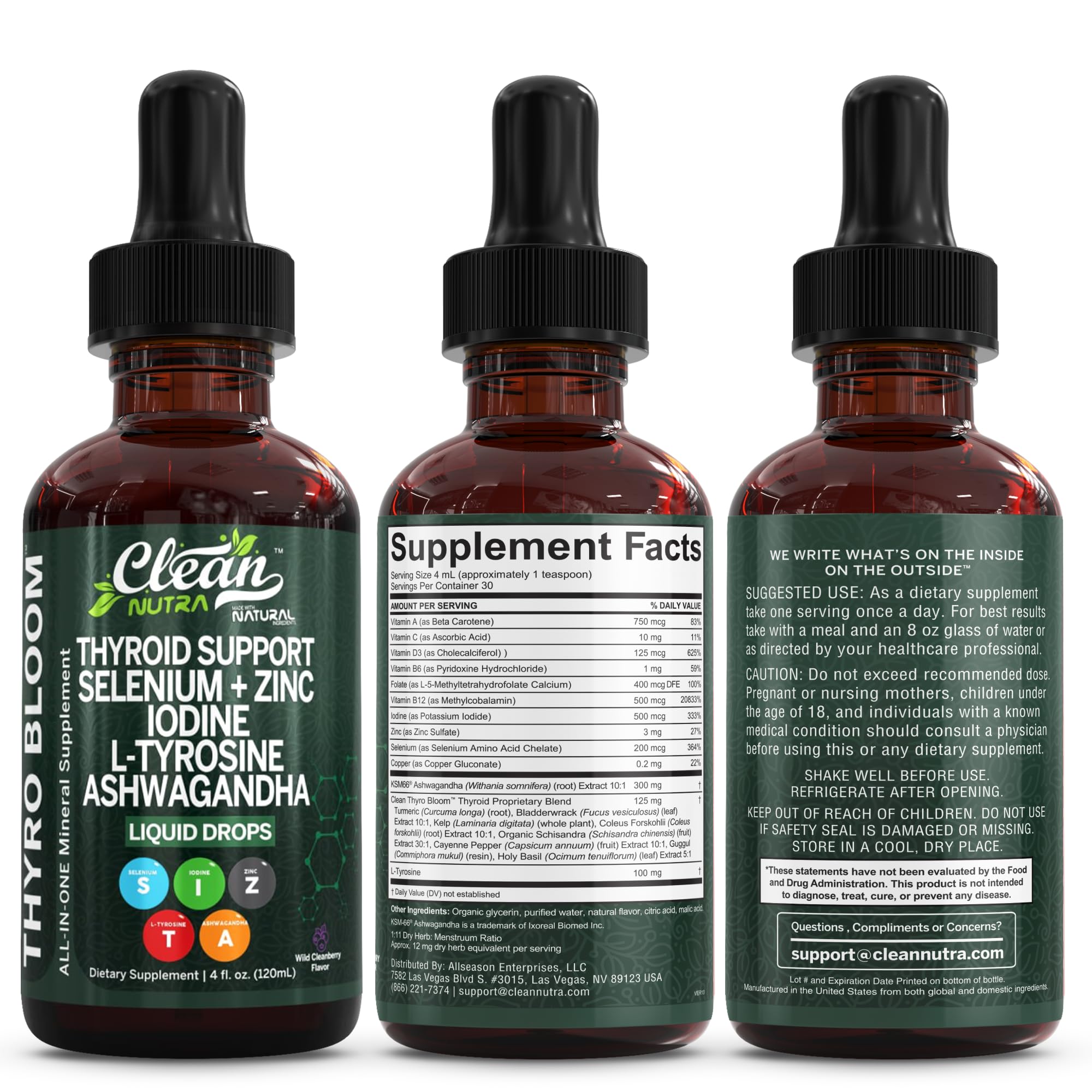 Clean Nutra Thyroid Support Drops Selenium Zinc Iodine L Tyrosine KSM66 Ashwagandha Vitamin D3 B12 A C Turmeric Kelp Schisandra Guggul Cayenne Basil Liquid Supplement Folate Copper Thyro Bloom Drop Clean Nutraceuticals buy supplements canada
