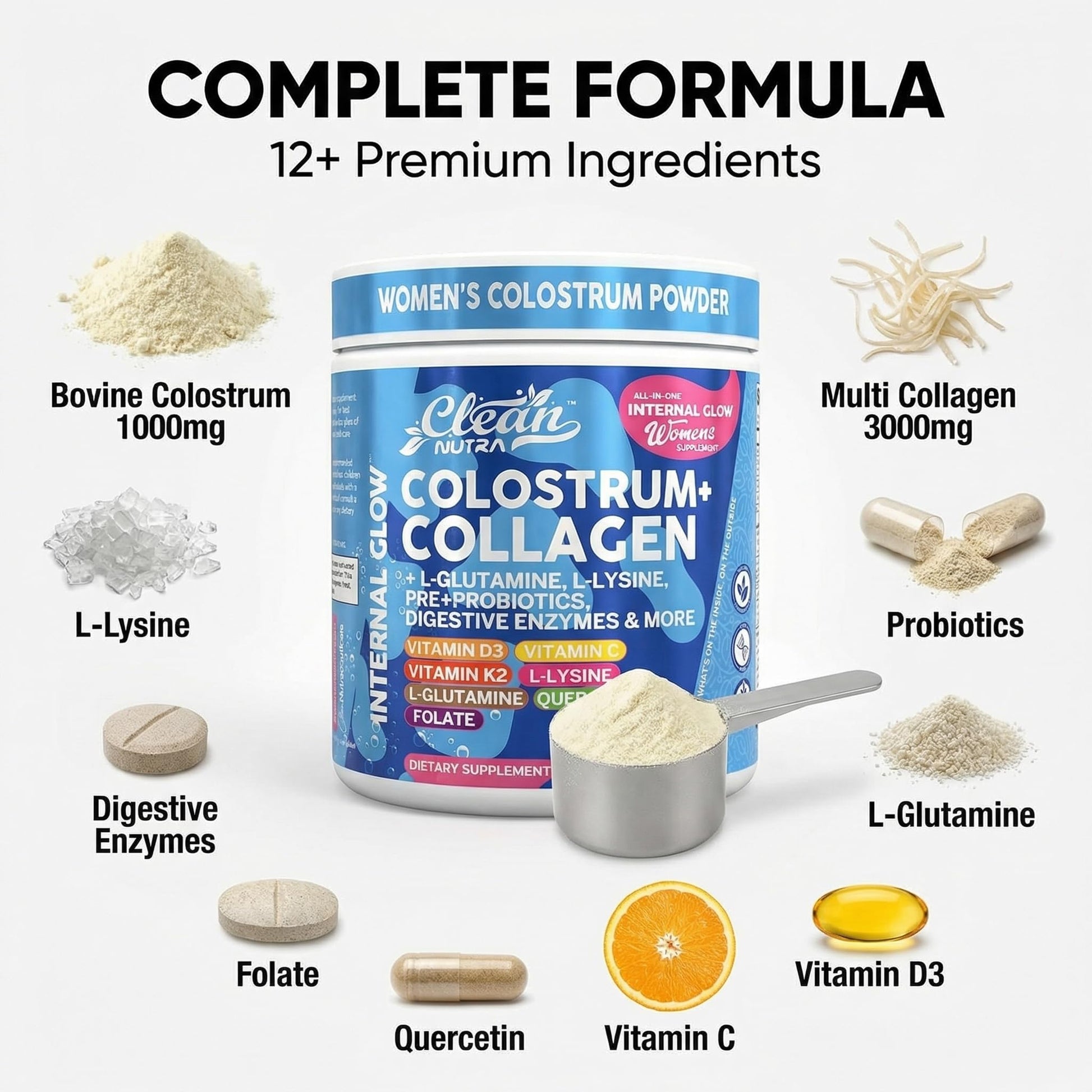 Bovine Colostrum Powder + Collagen Peptides with L-Glutamine L-Lysine Prebiotics Probiotics Digestive Enzymes Vitamin D K2 C Quercetin & Folate | Gut Health Supplement Internal Glow By Clean Nutra Clean Nutraceuticals buy supplements canada