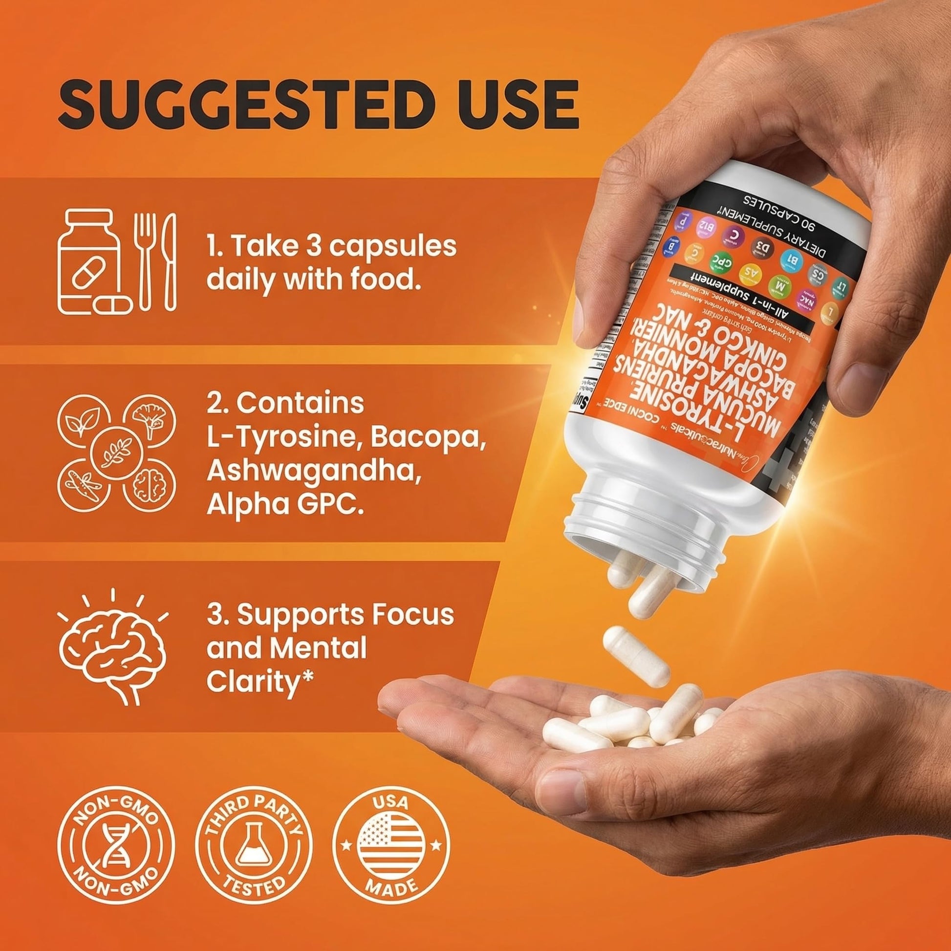 Clean Nutraceuticals L Tyrosine Mucuna Pruriens Bacopa Monnieri Ashwagandha Focus Supplement w/N-Acetyl Cysteine NAC 5-HTP Ginkgo Biloba Alpha GPC Vitamin C D B1 B12 Clean Nutraceuticals buy supplements canada