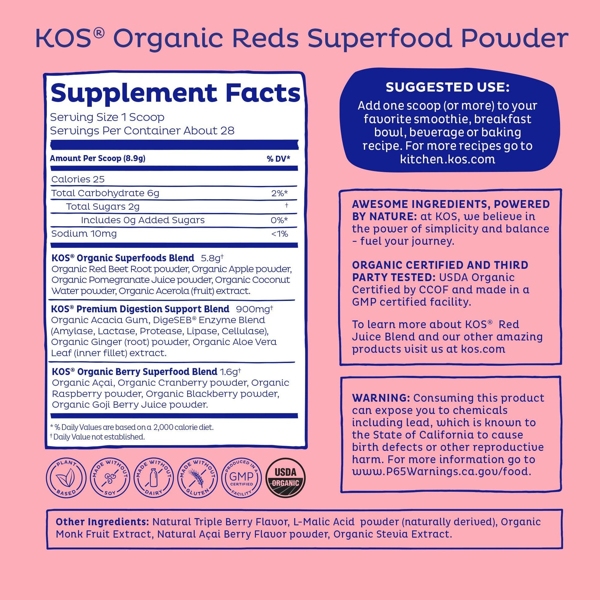 KOS Reds Superfood Powder for Antioxidants - USDA Certified Organic Beet Root, Goji Berries, Acai, Pomegranate, Coconut Water & Digestion Enzymes- Goji Berry Popsicle Flavor KOS buy supplements canada