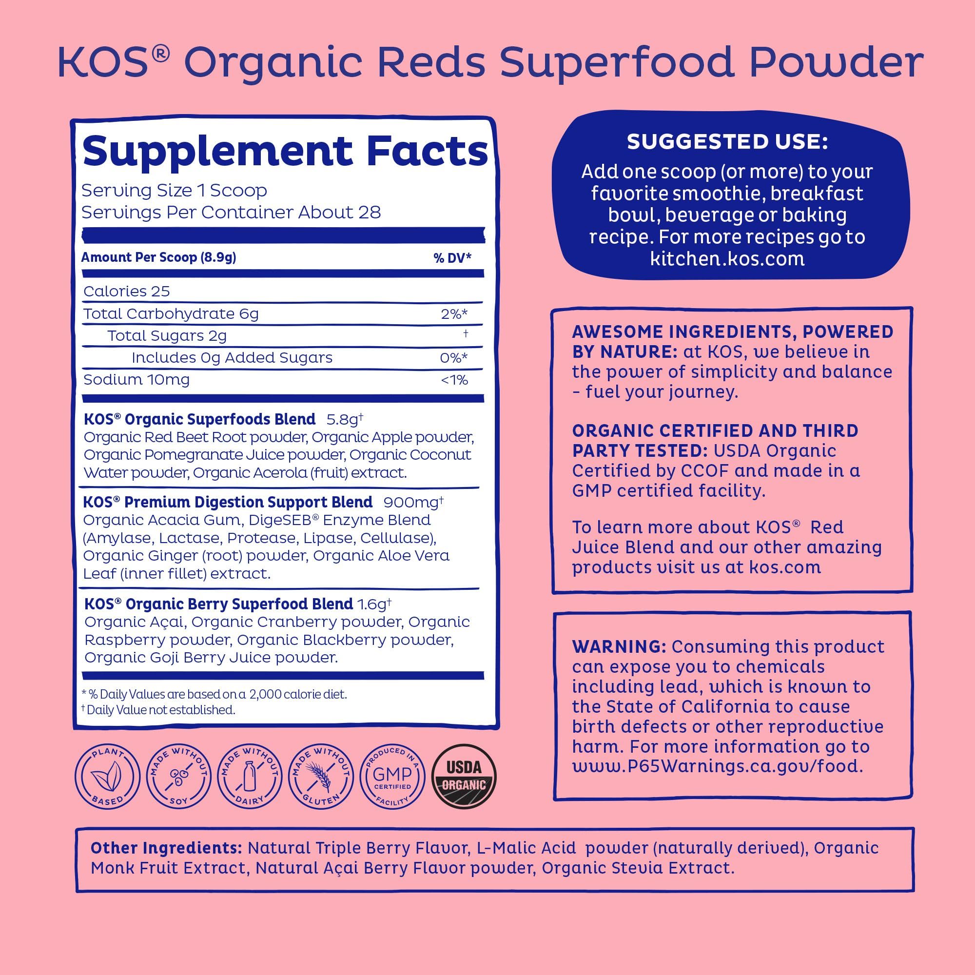 KOS Reds Superfood Powder for Antioxidants - USDA Certified Organic Beet Root, Goji Berries, Acai, Pomegranate, Coconut Water & Digestion Enzymes- Goji Berry Popsicle Flavor KOS buy supplements canada