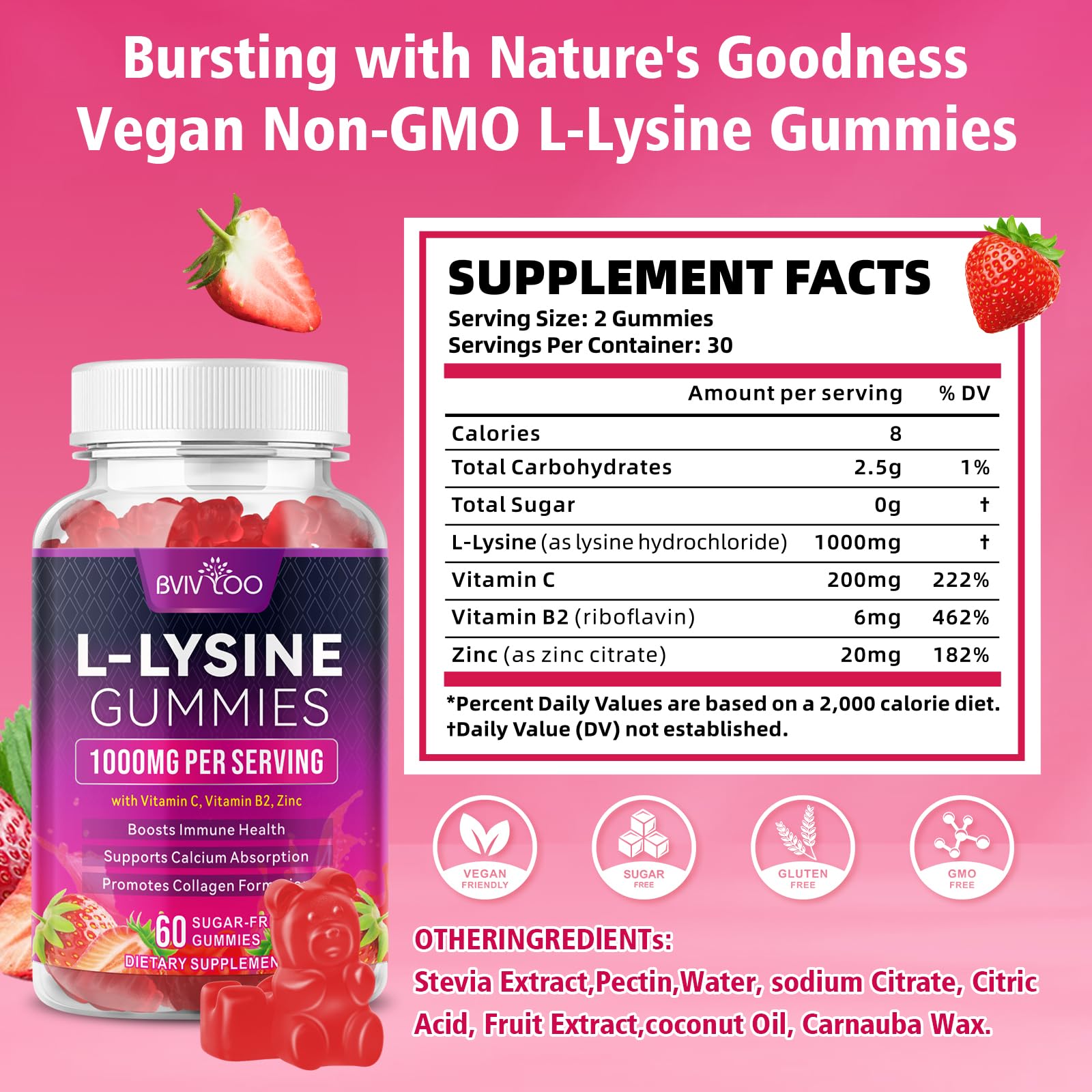 BVIVLOO L-Lysine 1000mg Gummies for Immune Support & Skin Health - High Potency Vegan Gummies, Sugar-Free, Natural Berry Flavor, Gluten-Free Chewable Supplement BVIVLOO buy supplements canada