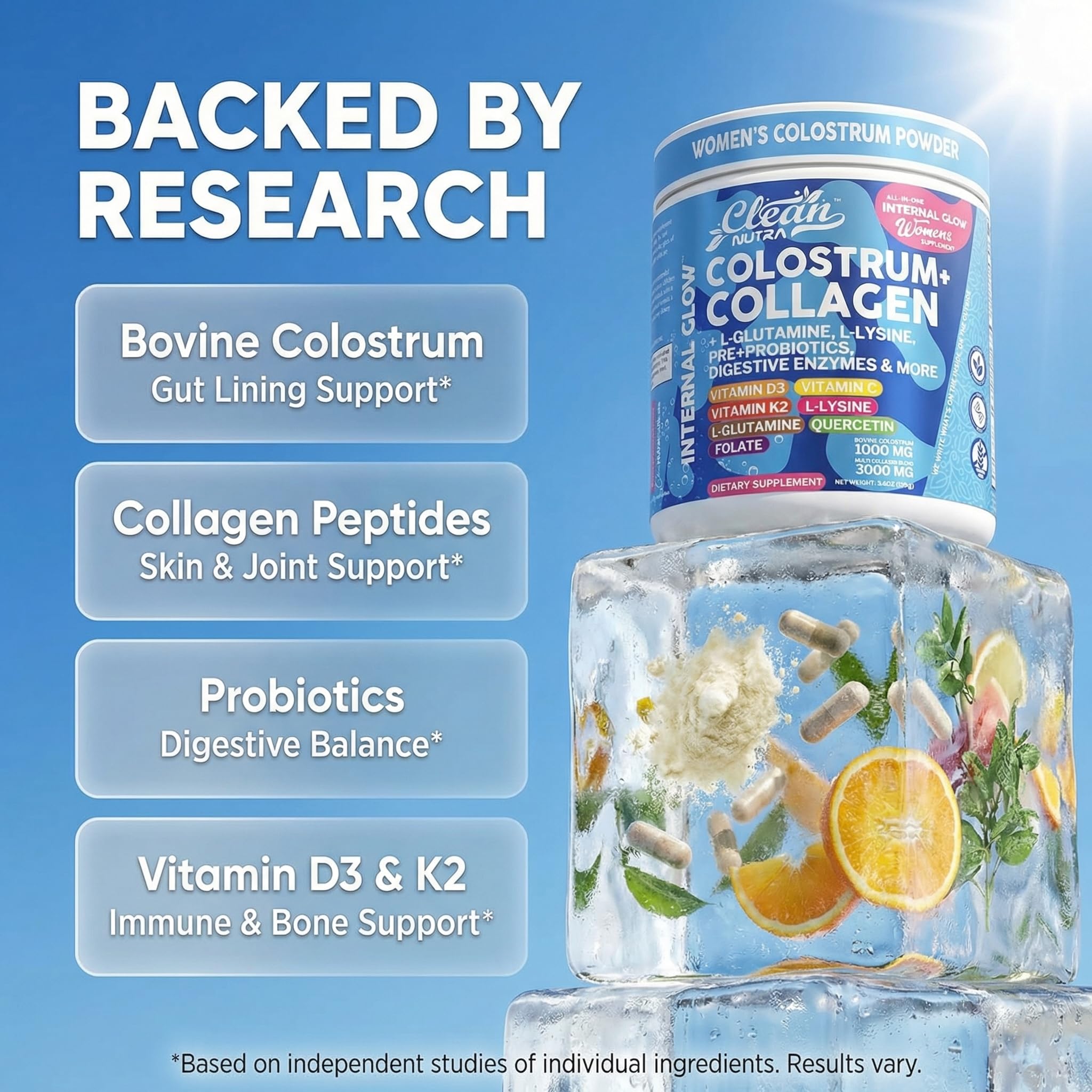 Bovine Colostrum Powder + Collagen Peptides with L-Glutamine L-Lysine Prebiotics Probiotics Digestive Enzymes Vitamin D K2 C Quercetin & Folate | Gut Health Supplement Internal Glow By Clean Nutra Clean Nutraceuticals buy supplements canada