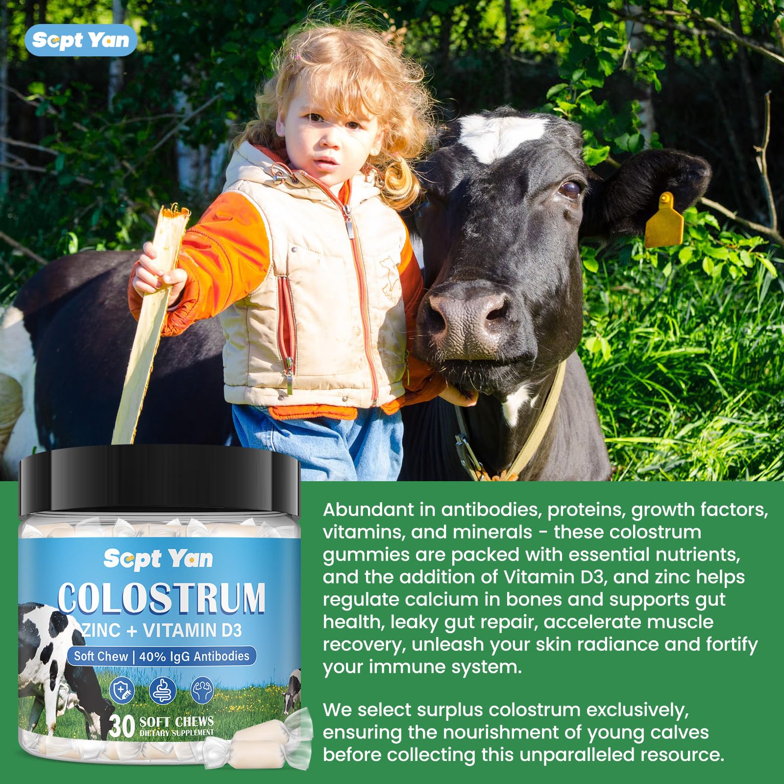 Colostrum Soft Chew Supplement (3000mg + 40% IgG), Concentrated Bovine Colostrum SEPT YAN buy supplements canada
