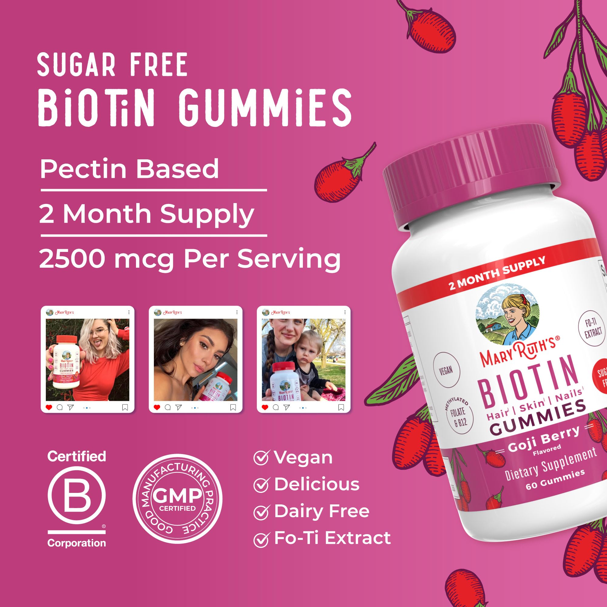 MaryRuth Organics Biotin Gummies | Sugar Free | Vegan | Non-GMO | 2,500 mcg Biotin Supplement | Hair Skin and Nails Vitamins | Hair Growth Vitamins | Hair Growth Supplement | 60 Count MARYRUTH'S buy supplements canada