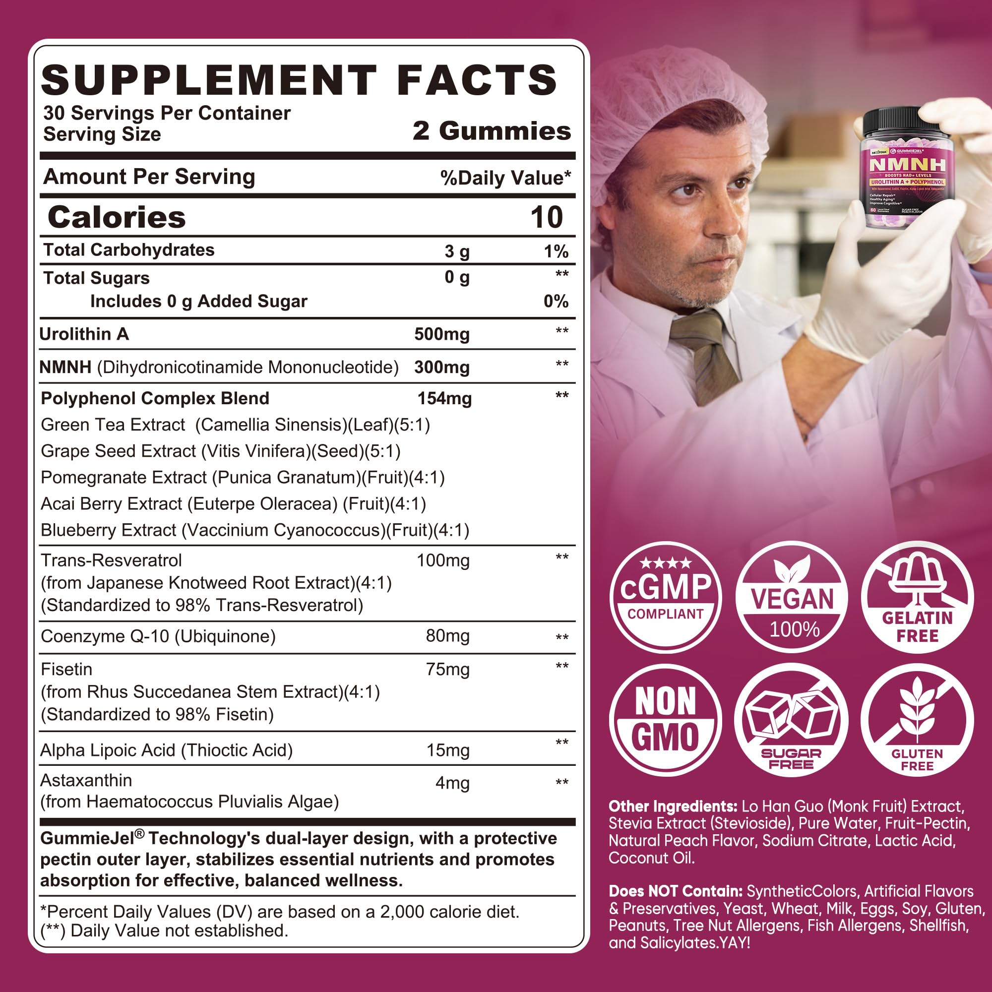 NMNH Gummies 300MG for Longevity with Urolithin A, Polyphenol Blend, Resveratrol, NAD+ Supplement for Women & Men Boost NAD+ Levels, Optimized Aging, Cell, DNA Repair, Energy, Focus, Sugar Free, 60cts Nextdia buy supplements canada