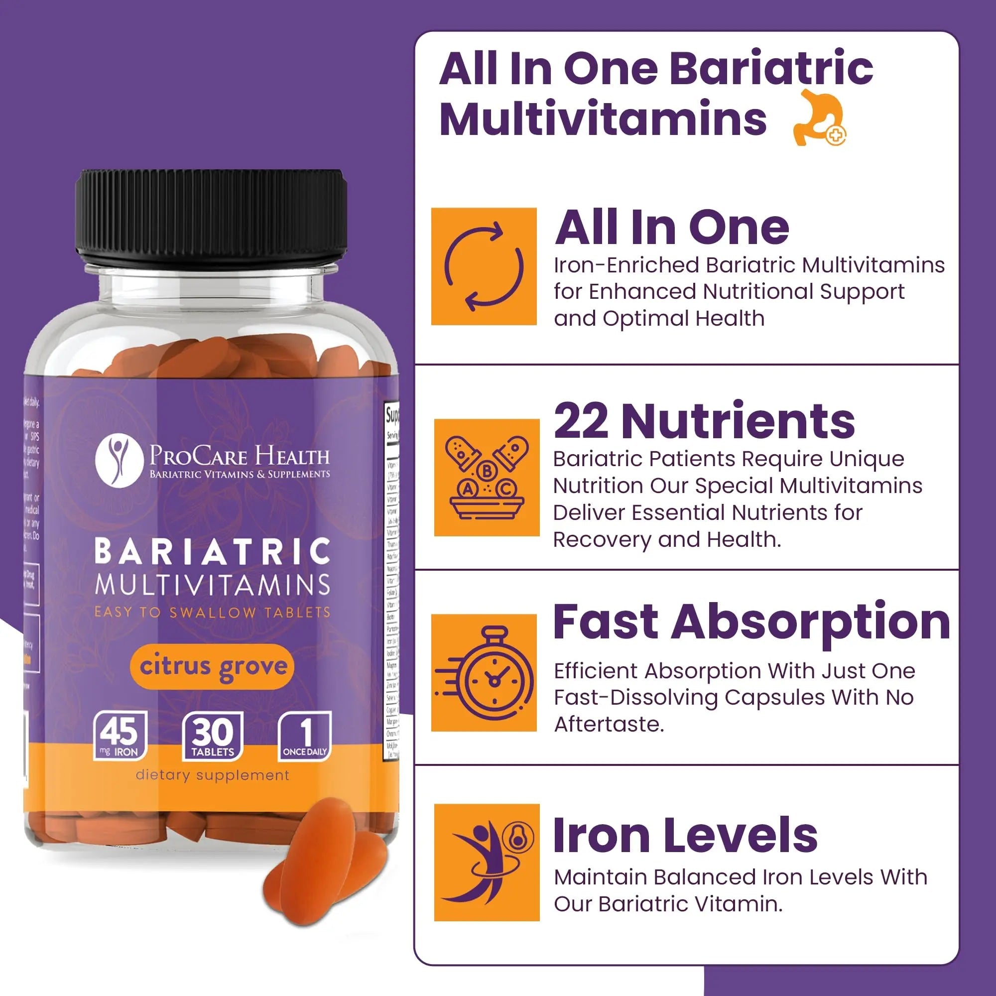Procare Health Bariatric Multivitamin with Iron 45mg Easy to Swallow 30 Tablets - Post Op Bariatric Vitamins for Gastric Bypass Pills ProCare Health buy supplements canada