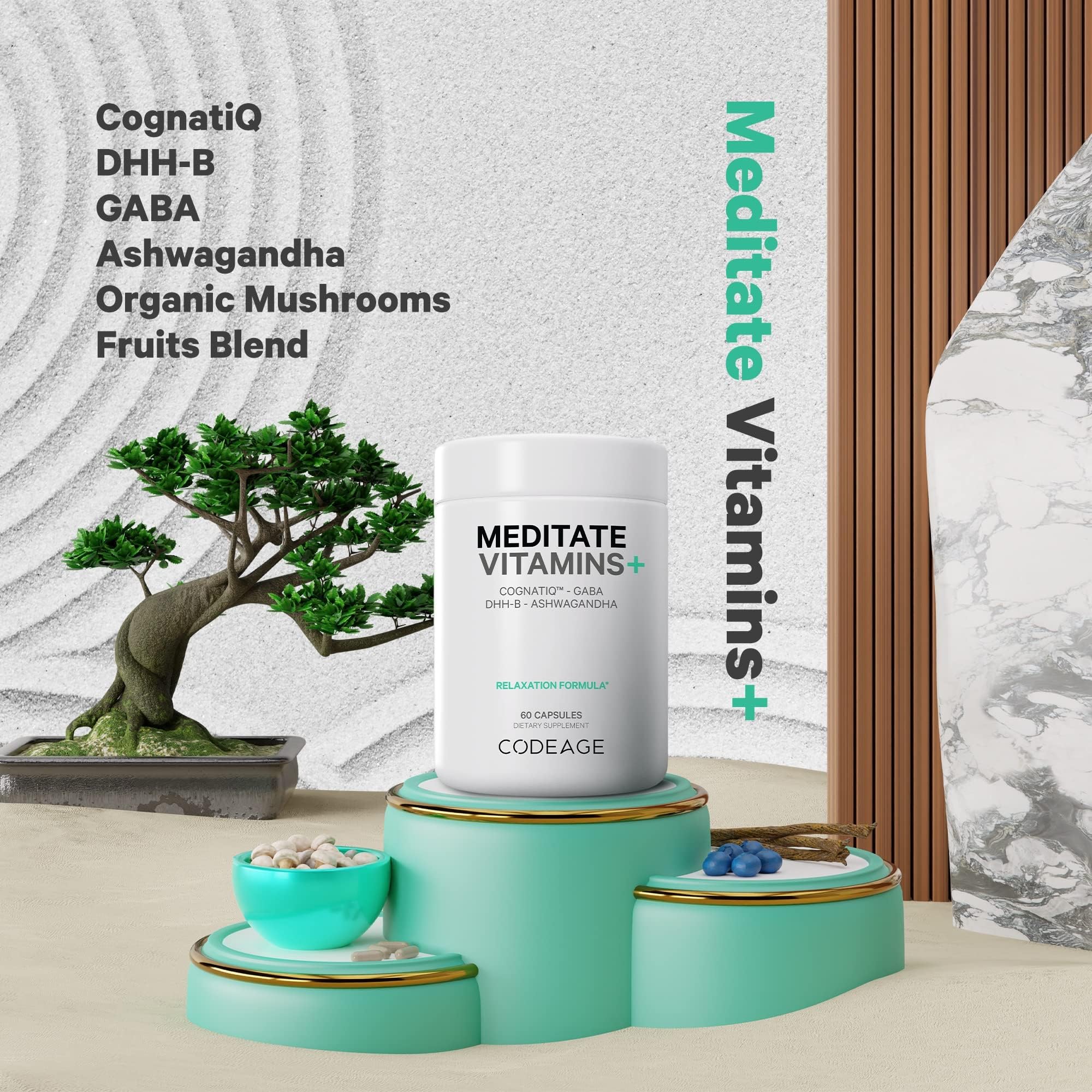 Codeage Meditate Vitamins+ Supplement - CognatiQ, DHH-B, GABA, Ashwagandha, Organic Mushrooms, Blueberries - BDNF Brain Pills and Neuroprotein - Vegan, Non-GMO, Gluten-Free - 60 Capsules Codeage buy supplements canada