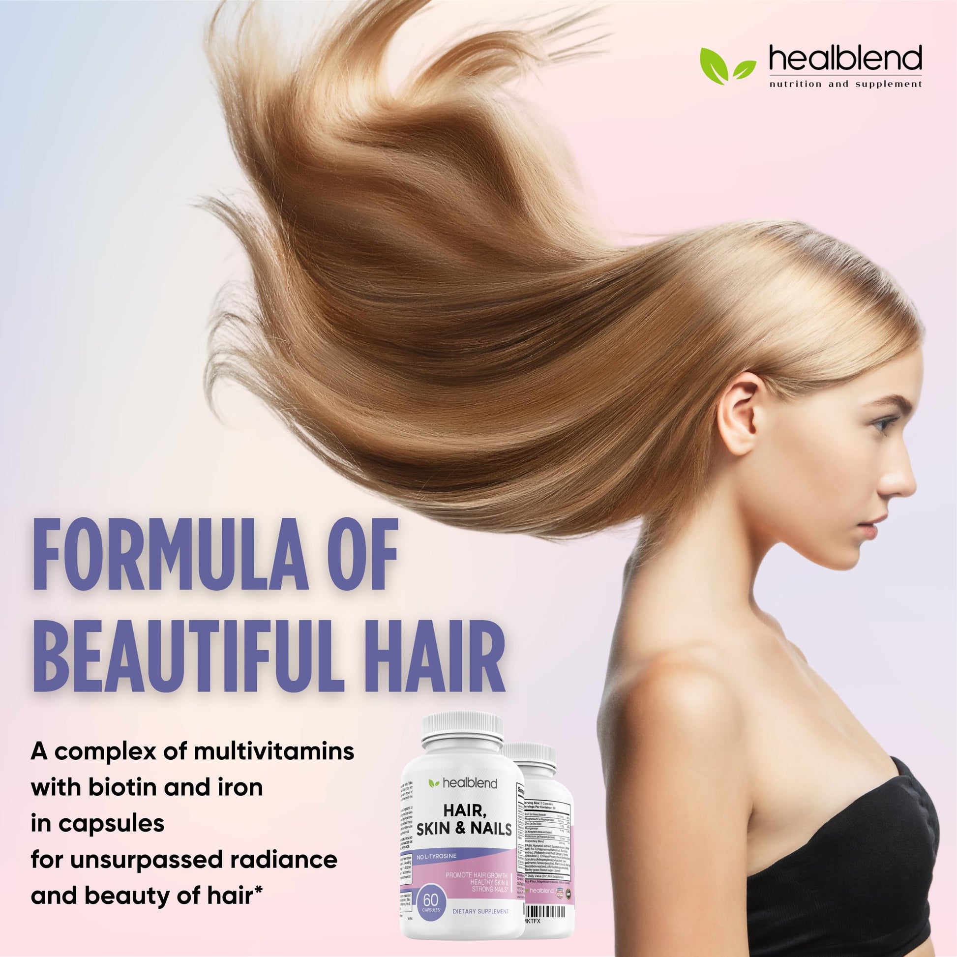 healblend Hair Skin and Nails Vitamins for Women with Biotin 5000 mcg, Iron and Manganese | Vegan, Non-GMO | 60 Capsules healblend buy supplements canada