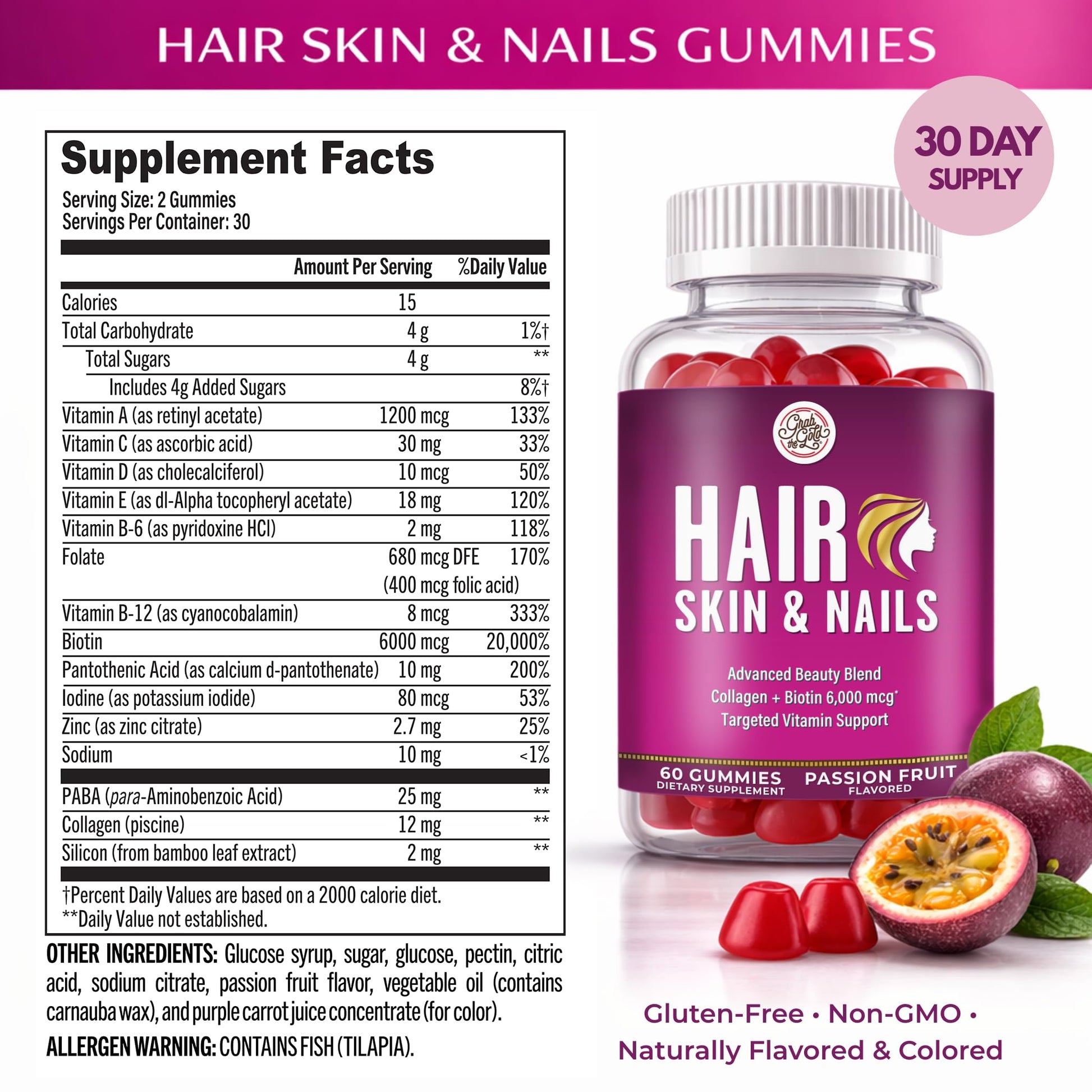 Grab The Gold Hair Skin & Nails Vitamins for Women | Gummies with 6000mcg Biotin & Collagen | 10 Essential Vitamin & Minerals | Gluten-Free, Non-GMO, Passion Fruit Flavor | 1 Month Supply, Made in USA Grab The Gold buy supplements canada