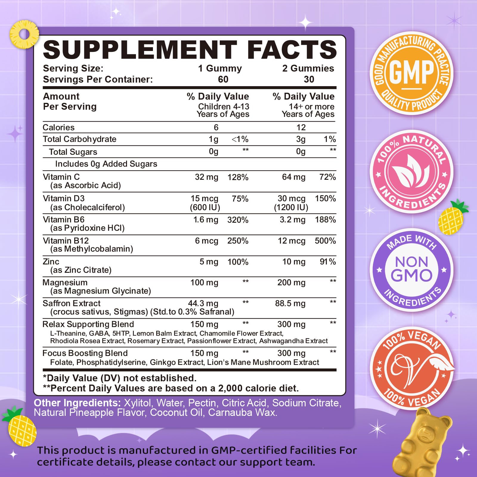 Saffron Gummies for Kids & Adults, 20-in-1 Saffron Supplements with 88.5mg Saffron Extract, B6, B12, C, D3, Magnesium for Calm, Focus, Nerve, Sugar Free, Vegan, Non-GMO - Pineapple Flavor, 60 Counts CFILIHTC buy supplements canada