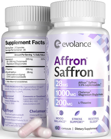 Evolance Saffron Supplements Extract for Stress & Mood Support – Affron 28mg, Magnesium Glycinate 1000mg, L-Theanine 200mg – High Absorption, Sleep & Focus Support, Melatonin-Free, 60 Veggie Capsules Evolance buy supplements canada