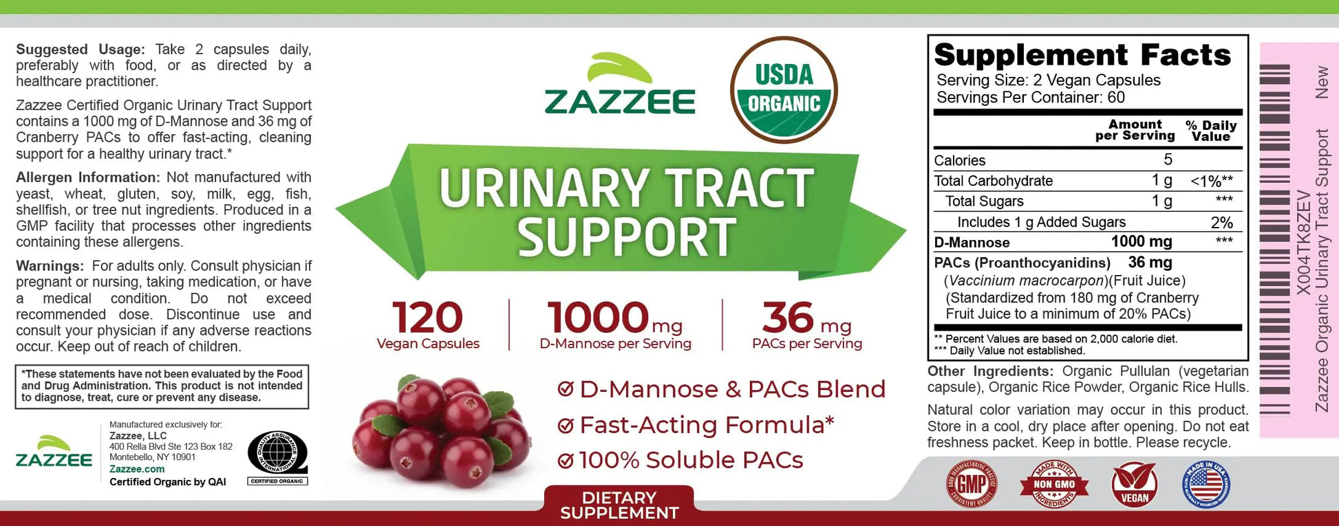 Zazzee USDA Organic Cranberry PACs and D-Mannose, 1000 mg D-Mannose, 36 mg Cranberry PACs, 120 Vegan Capsules, 2 Month Supply, Potent & Fast-Acting, All-Natural Urinary Tract Health Support, Non-GMO Zazzee buy supplements canada