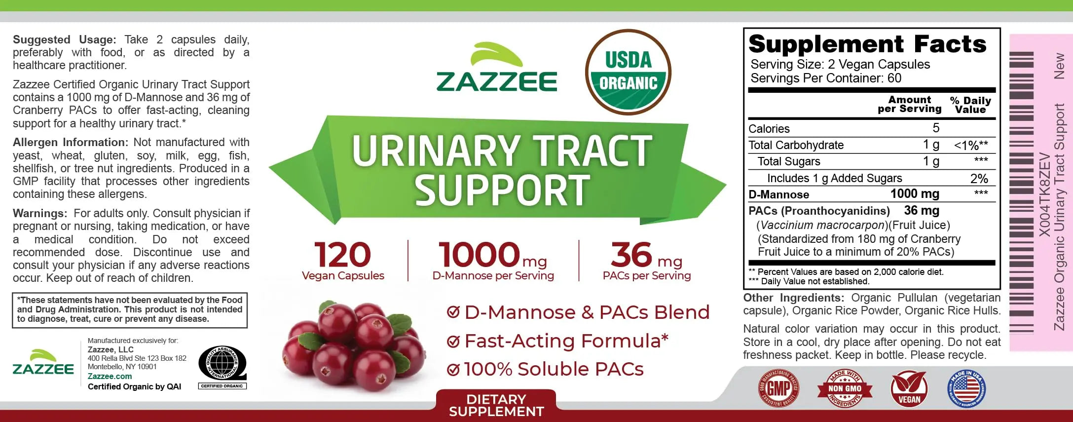 Zazzee USDA Organic Cranberry PACs and D-Mannose, 1000 mg D-Mannose, 36 mg Cranberry PACs, 120 Vegan Capsules, 2 Month Supply, Potent & Fast-Acting, All-Natural Urinary Tract Health Support, Non-GMO Zazzee buy supplements canada