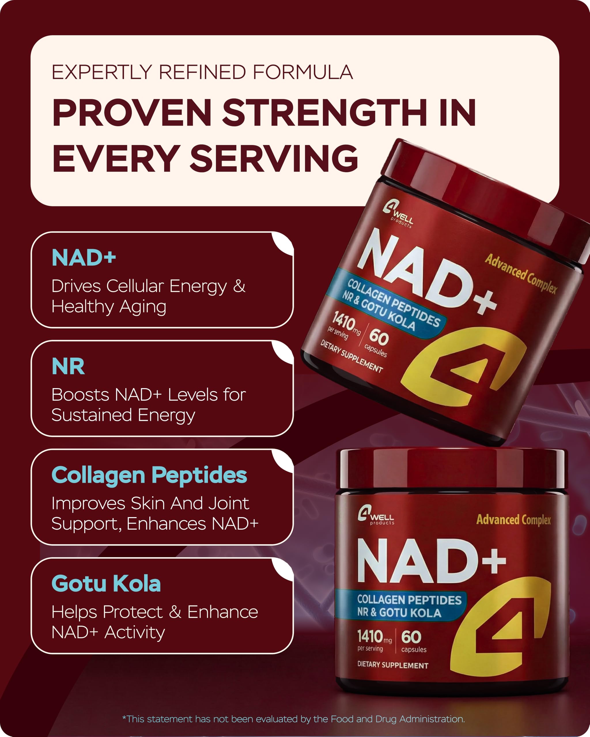 Gotu Kola and NAD Plus Supplement 1400mg - NMNH Supplement Alternative Supports Healthy Aging Complex with Nicotinamide Riboside & Gotu Kola, Collagen - Formula for Energy, Skin & Cognitive, 60 Caps 4Well Products buy supplements canada