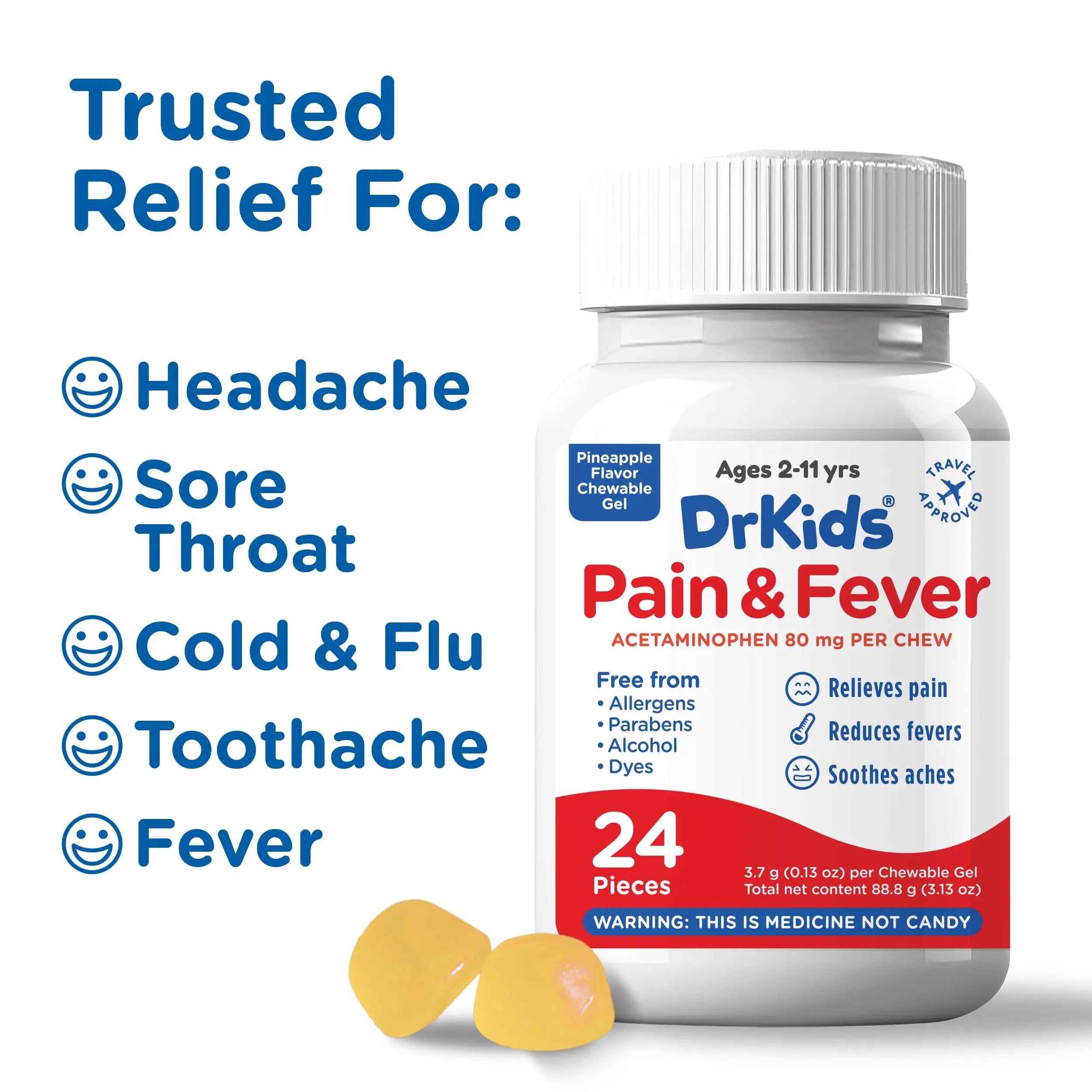 Dr. Kids Children’s Pain and Fever Chewable Gels – Pain Relief and Fever Reducer for Kids Ages 2–11, 80 mg Chewable Acetaminophen for Headache, Sore Throat, Cold & Flu, Pineapple Flavor, 24 Count Dr. Kids buy supplements canada