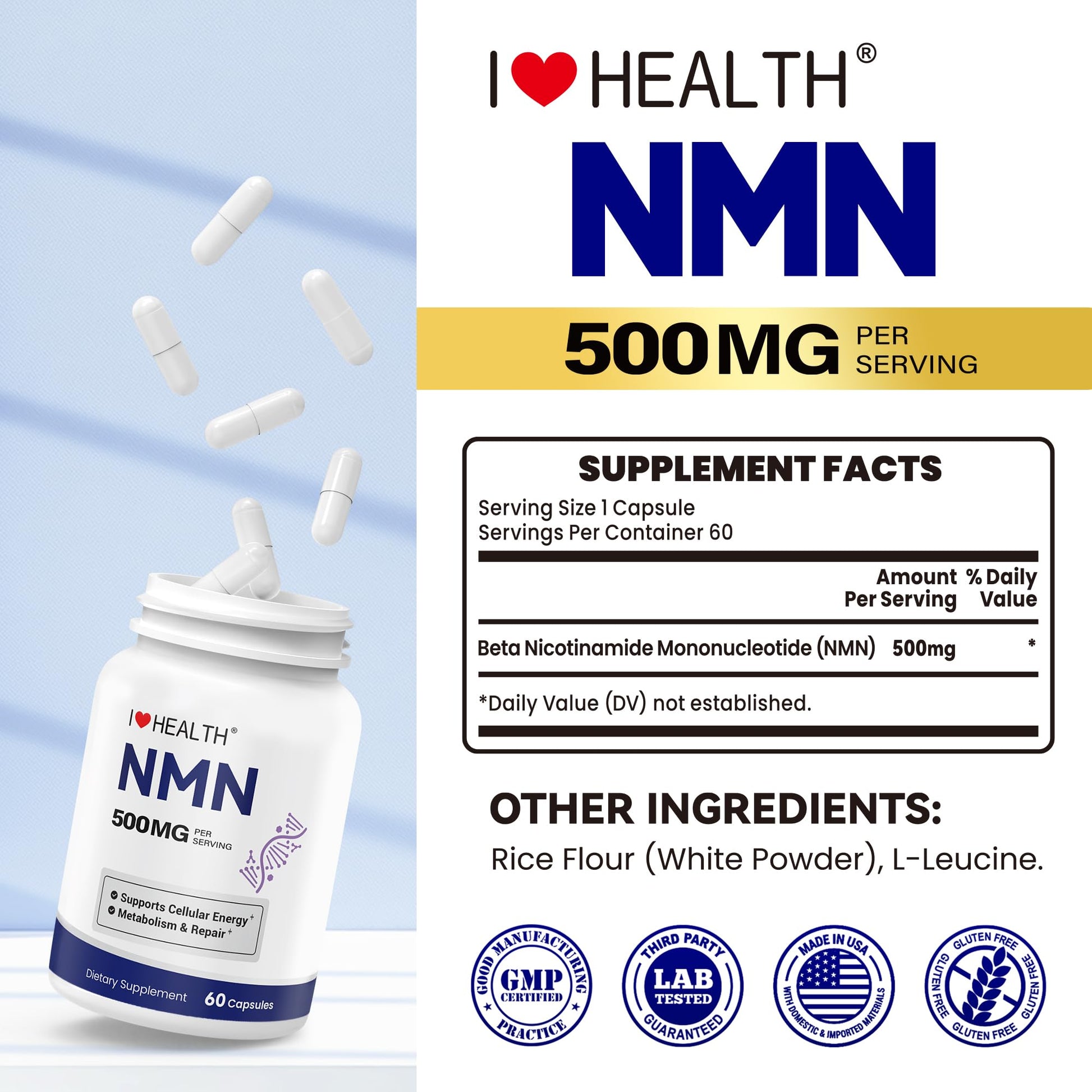 NMN 500MG Per Capsule – High Purity 99.9% NMN, NAD+ Support for Cellular Energy & Healthy Aging, 60 Capsules, Third-Party Tested, cGMP Made in USA I LOVE HEALTH buy supplements canada