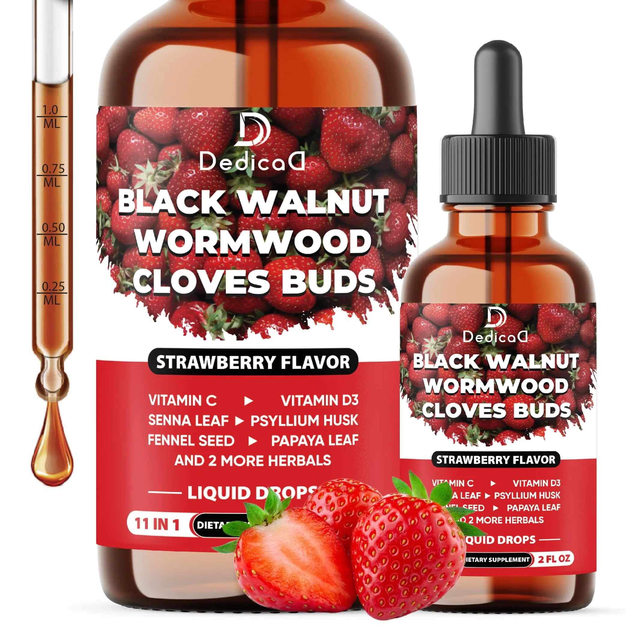 DEDICAD 11in1 Black Walnut Wormwood Cloves Liquid Drops with Cloves Buds, Senna Leaf, Psyllium Husk, Fennel Seed, Papaya Leaf and More - 2 oz Fl - 60 Days - Strawberry Flavor DEDICAD buy supplements canada