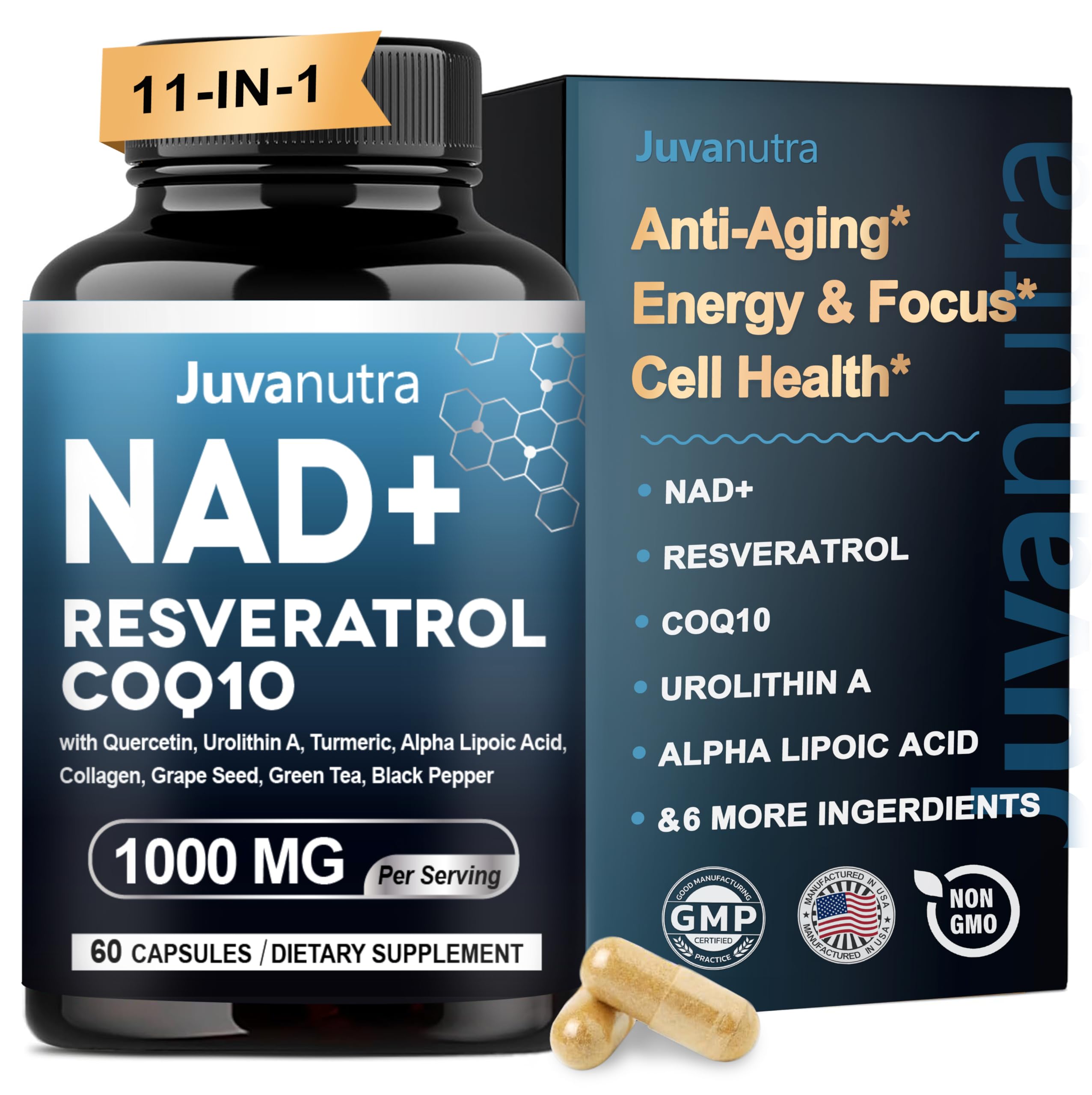 NAD Supplement 11-in-1 Extra Strength – Liposomal NAD with Resveratrol, CoQ10, Urolithin A, ALA & Turmeric – Supports Anti-Aging, Cellular Repair, Energy & Focus – for Women & Men – 60 Capsules JuvaNutra buy supplements canada