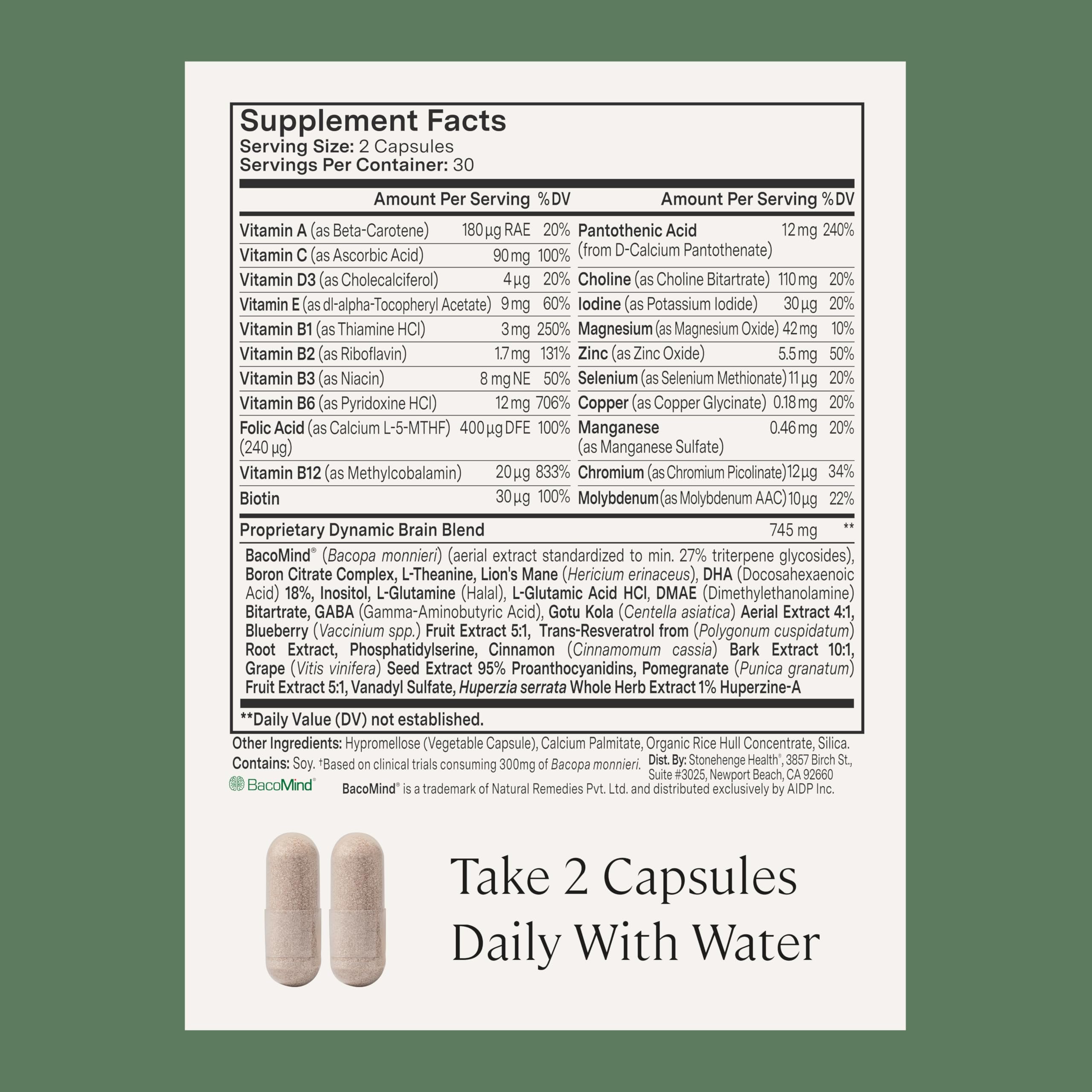 Stonehenge Health Dynamic Brain – BacoMind® Bacopa Nootropic Formula – Memory, Recall & Retention, Phosphatidylserine, Huperzine A, DHA & Choline – 40 Brain-Boosting Ingredients – Non-GMO, 60 Caps Stonehenge Health buy supplements canada