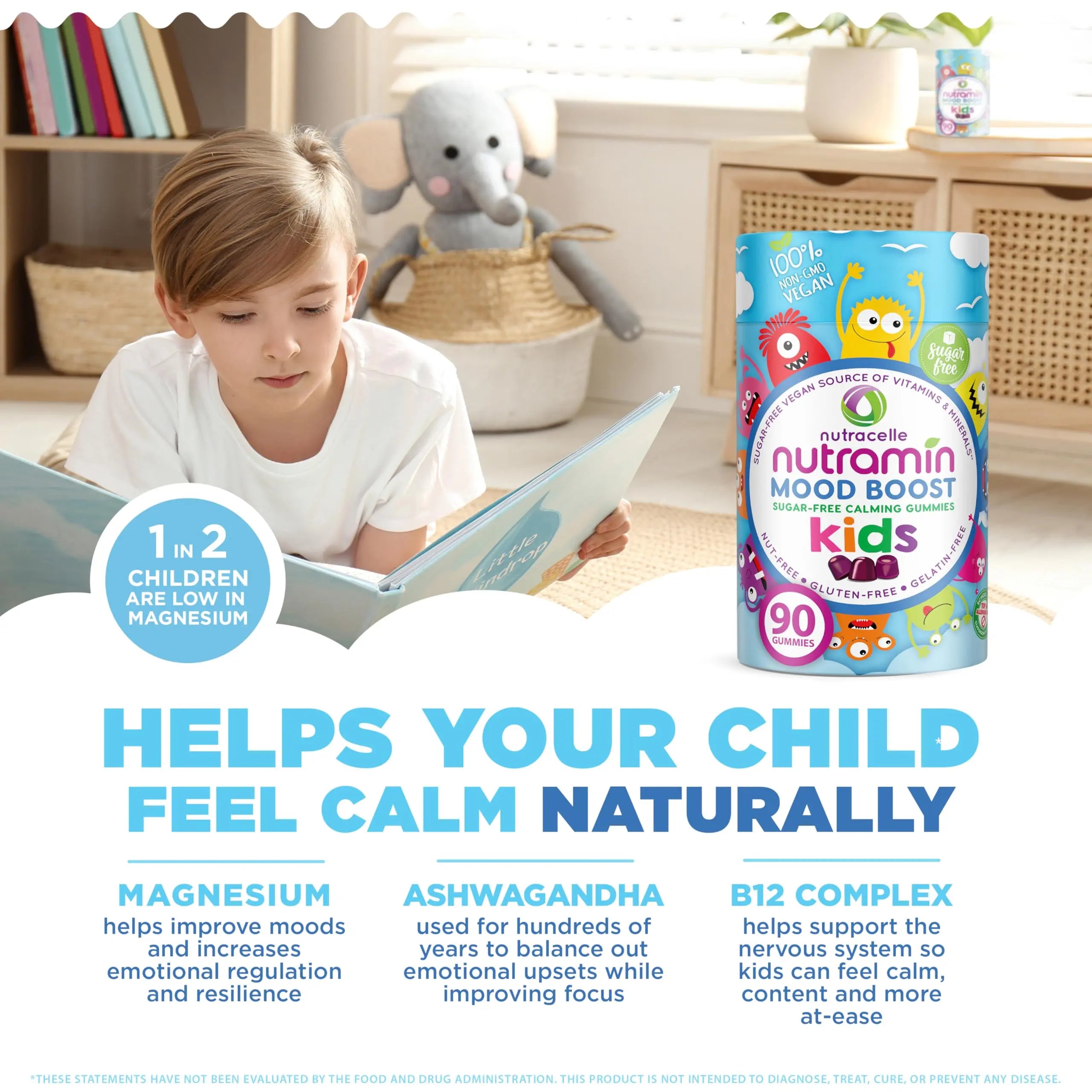 NUTRAMIN Kids Mood Boost Vegan Vitamin Gummy: Calming Magnesium Citrate Supplement for Children with Ashwagandha & Vitamin B Complex to Relax & Focus Nutracelle buy supplements canada
