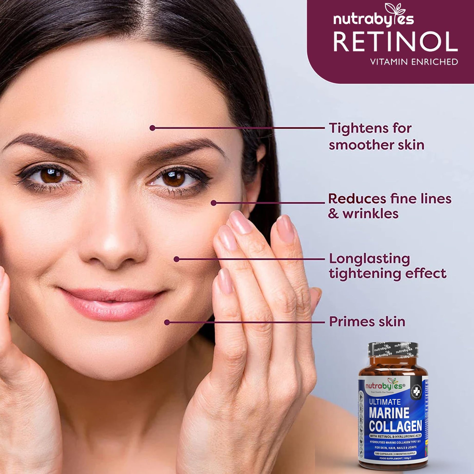 High Strength Marine Collagen with Hyaluronic Acid, Retinol and Vitamin C | 180 Capsules - 3 Months Supply NUTRABYTES buy supplements canada
