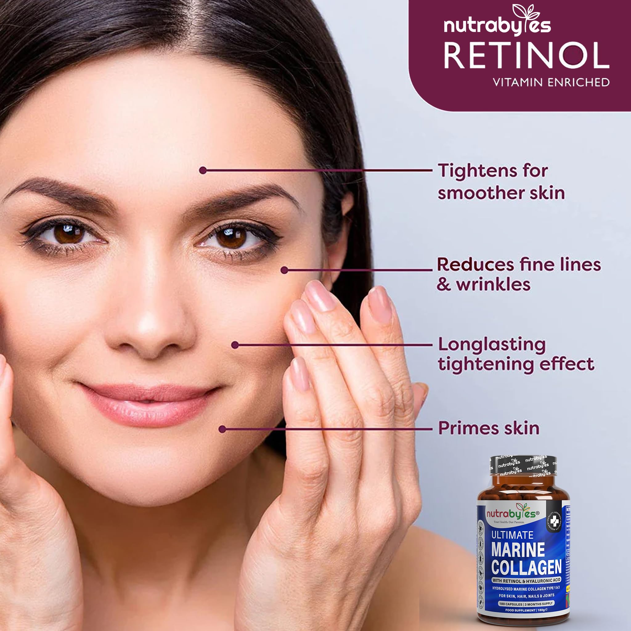 High Strength Marine Collagen with Hyaluronic Acid, Retinol and Vitamin C | 180 Capsules - 3 Months Supply NUTRABYTES buy supplements canada
