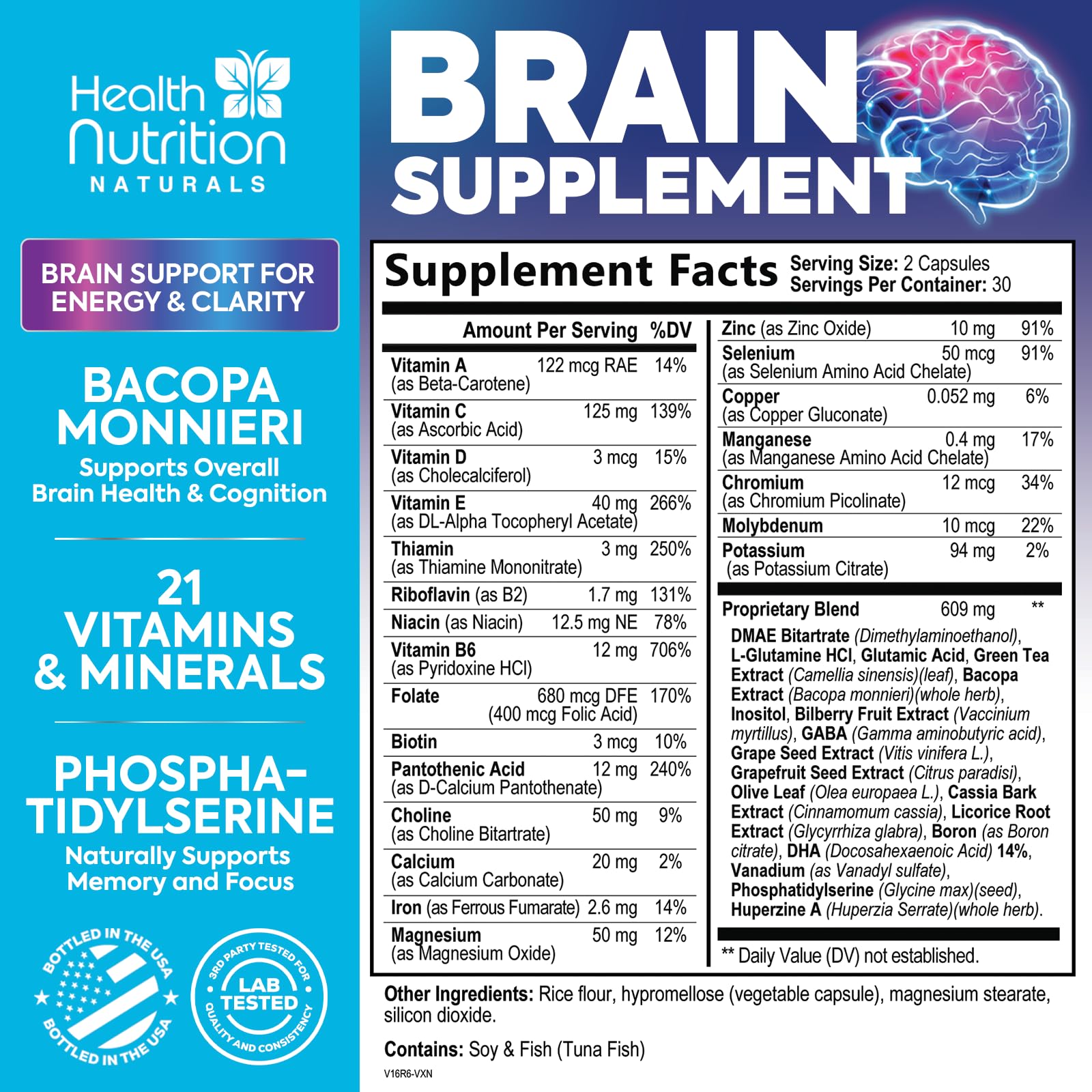 Brain Memory Supplement - 3X Strength Nootropics for Concentration, Clarity & Focus Support - Brain Health Cognitive Vitamins with Bacopa, Phosphatidylserine & DMAE 609mg, Brain Booster, 60 Capsules Health Nutrition Naturals buy supplements canada