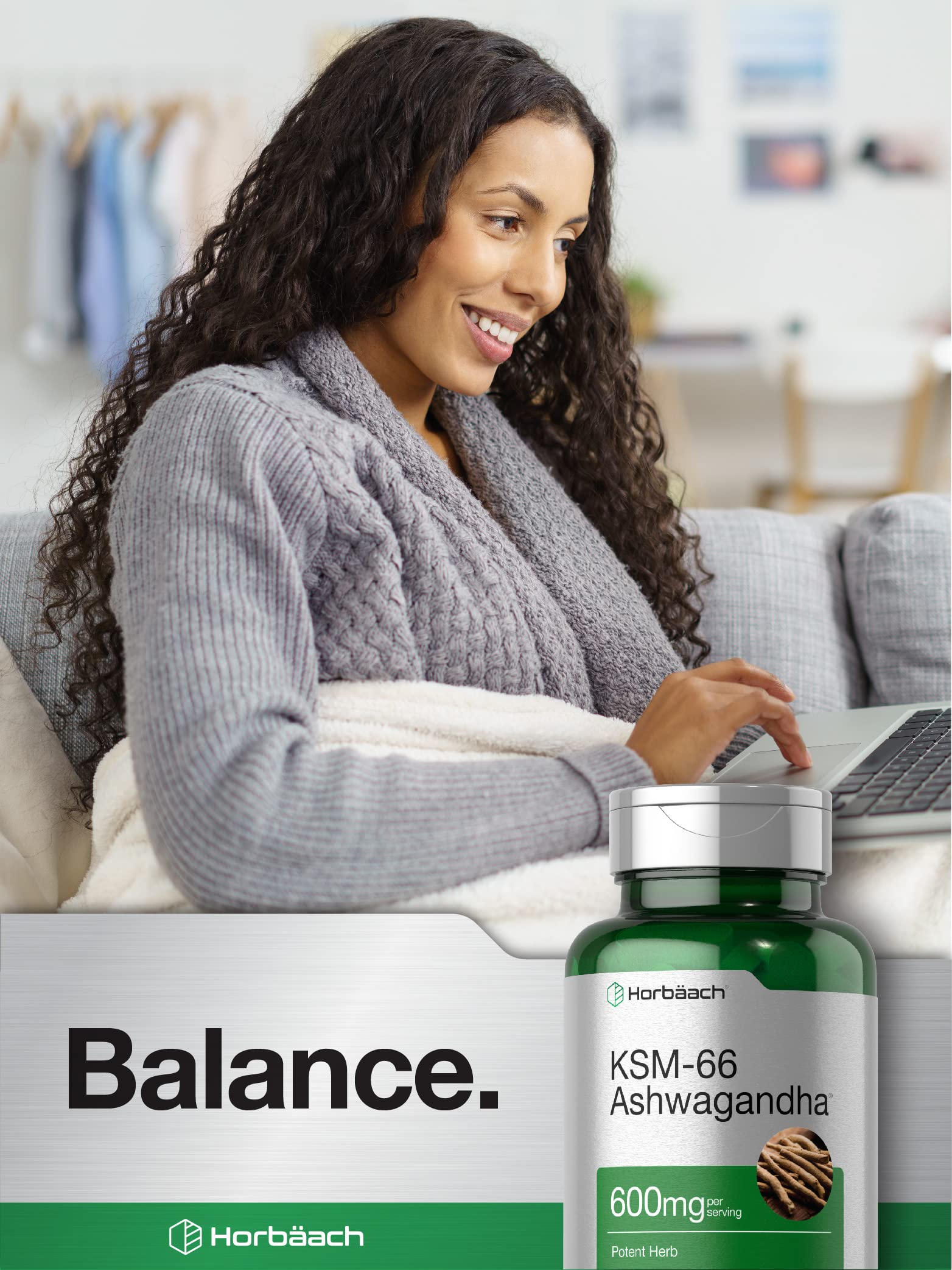 Horbäach KSM-66 Ashwagandha 600mg | with L-Theanine | 60 Coated Caplets | Vegan, Non-GMO, Gluten Free Complex Supplement Horbäach buy supplements canada