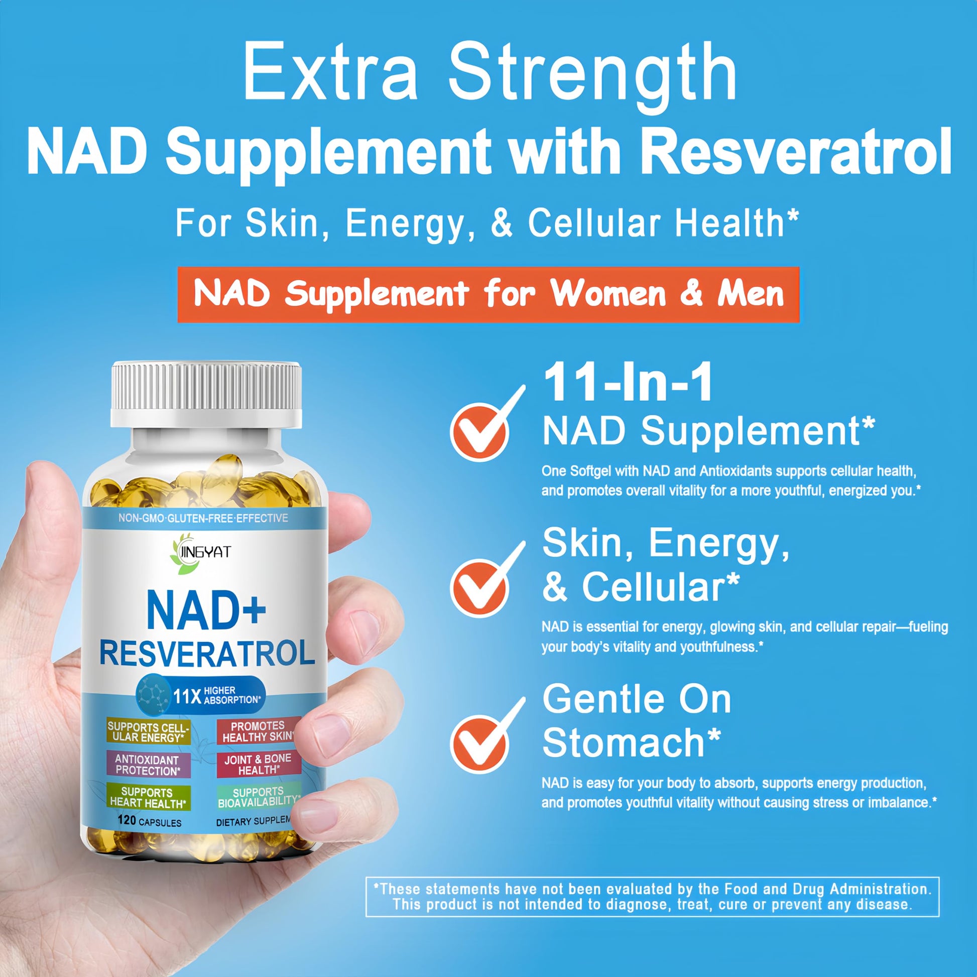 JINGYAT 11-in-1 NAD Supplement with Resveratrol, CoQ10, Quercetin, Collagen, Grape Seed for Cellular Energy, Mental Focus & Antioxidant Support - NAD Supplement for Women & Men, 120 Soft Capsules JINGYAT buy supplements canada
