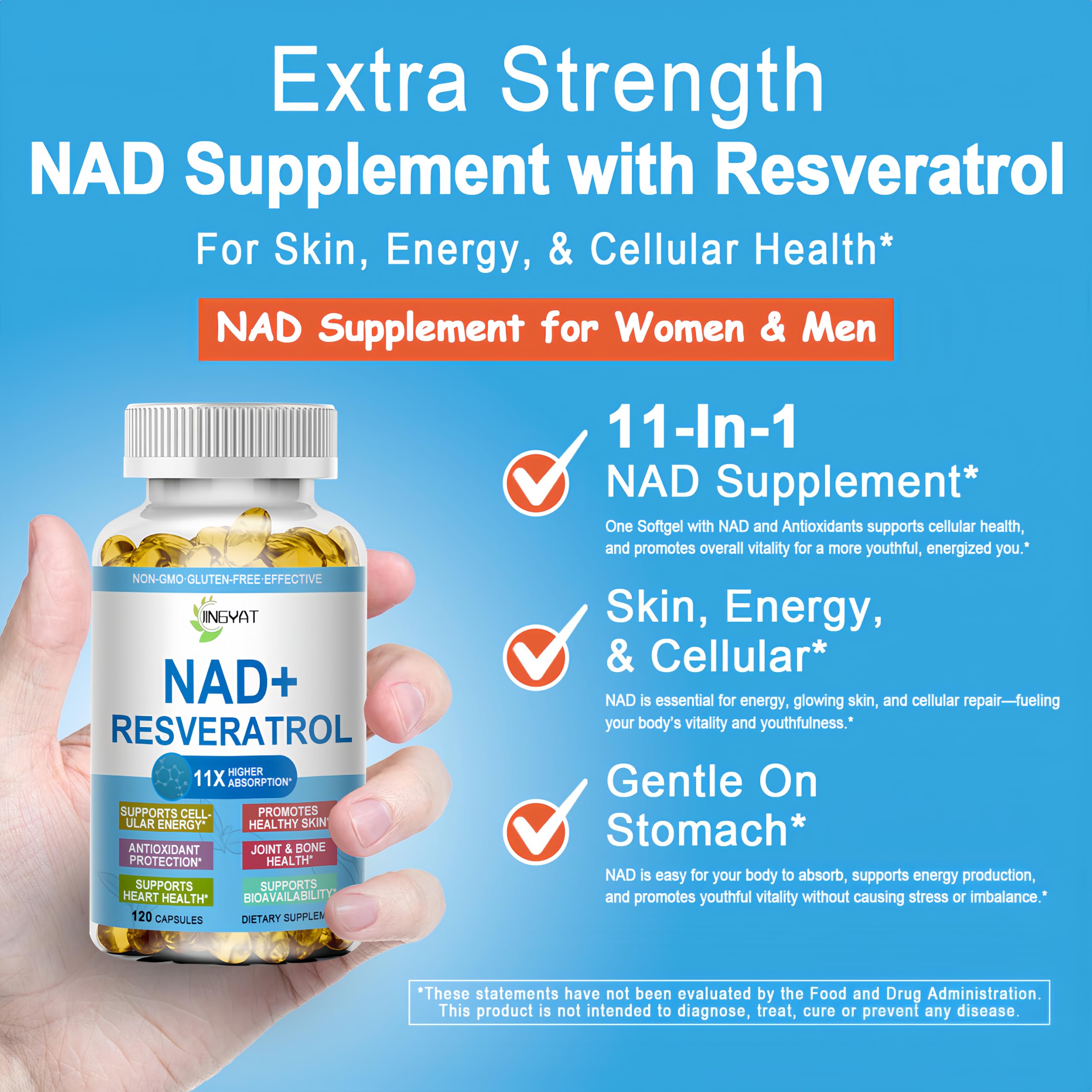 JINGYAT 11-in-1 NAD Supplement with Resveratrol, CoQ10, Quercetin, Collagen, Grape Seed for Cellular Energy, Mental Focus & Antioxidant Support - NAD Supplement for Women & Men, 120 Soft Capsules JINGYAT buy supplements canada