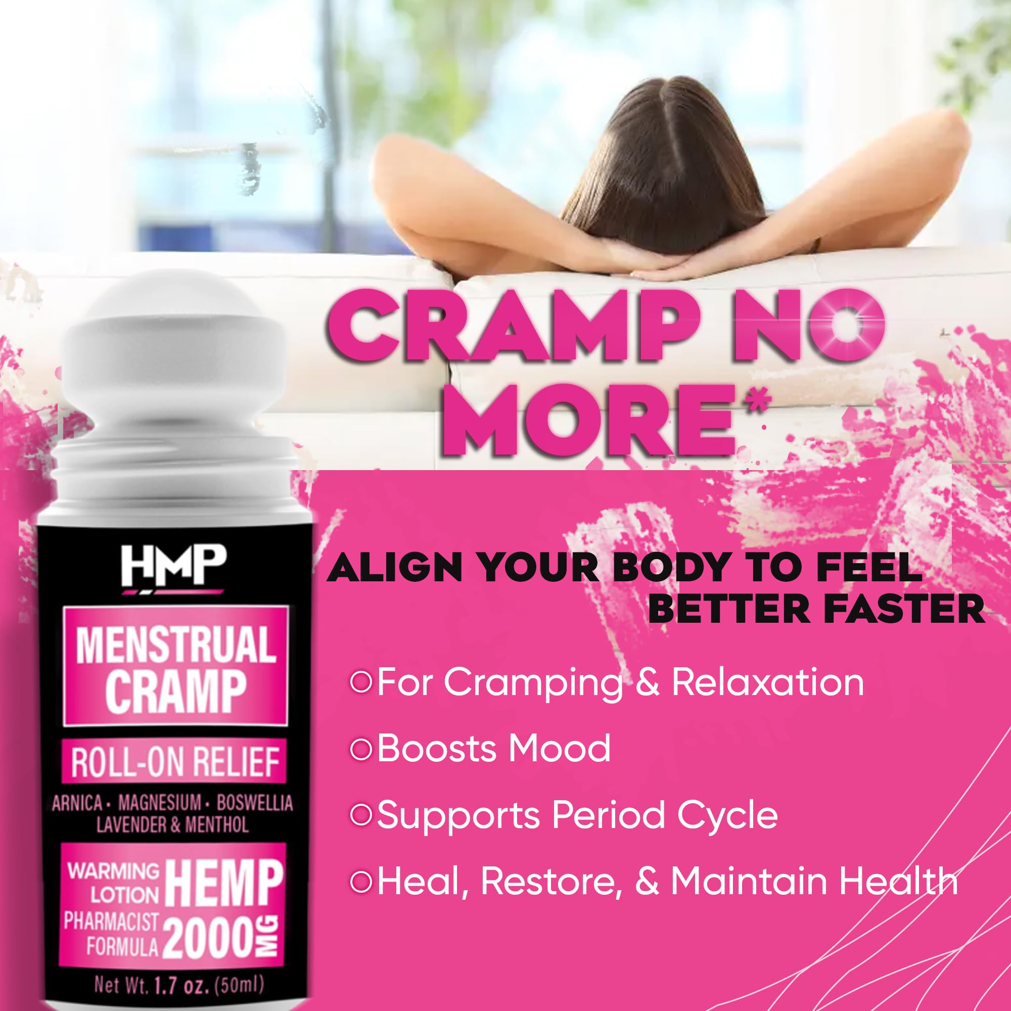 HMP BRANDS Menstrual Cramp Hemp Warming ROLL-ON 2000MG w Arnica & Menthol Made in USA Natural Formula 1.7oz HMP BRANDS buy supplements canada