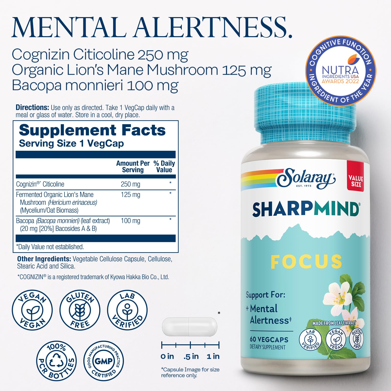 SOLARAY SharpMind Focus, Mental Alertness Nootropic Supplement for Healthy Brain Fog, Cognizin Citicoline, Lions Mane Mushroom, Bacopa Monnieri, 60 Day Money Guarantee, 60 Serv 60 Veg Caps SOLARAY buy supplements canada